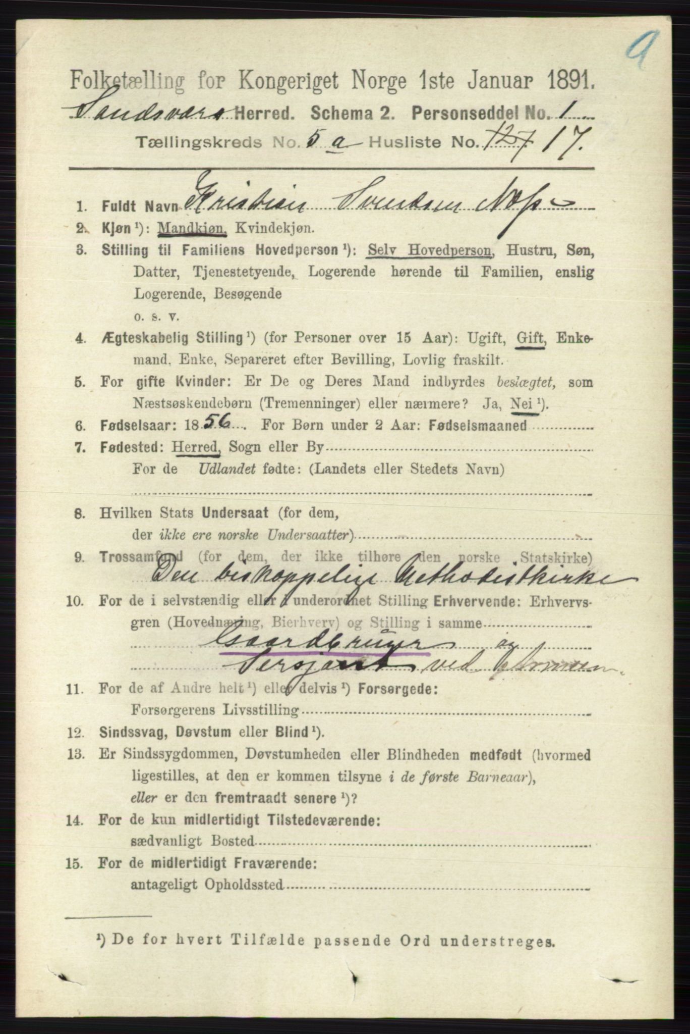 RA, 1891 census for 0629 Sandsvær, 1891, p. 2580
