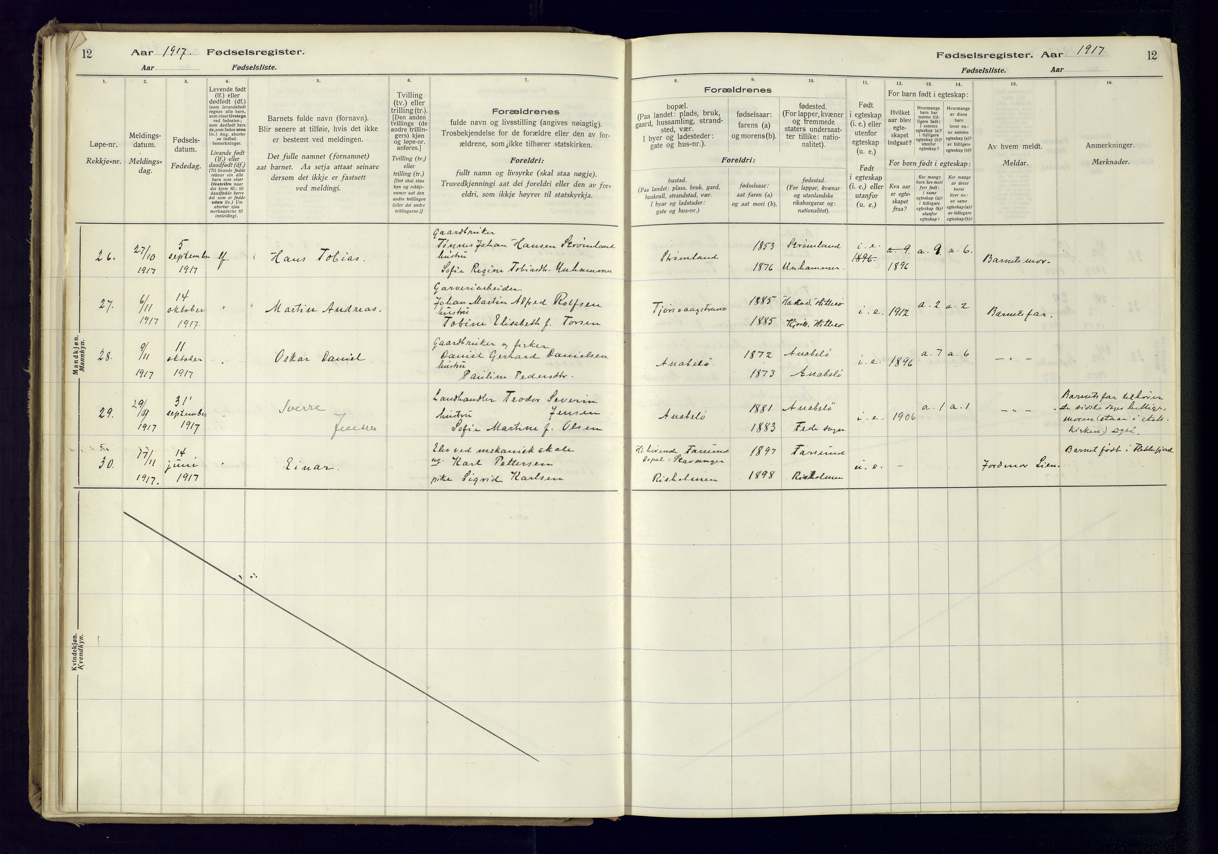 Flekkefjord sokneprestkontor, AV/SAK-1111-0012/J/Ja/L0005: Birth register no. 5, 1916-1950, p. 12