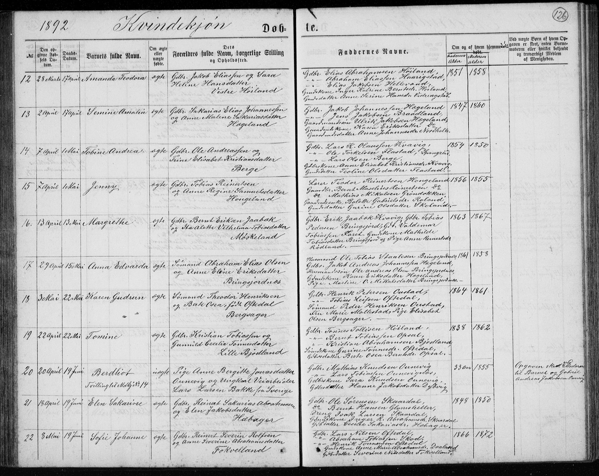 Lyngdal sokneprestkontor, AV/SAK-1111-0029/F/Fb/Fbc/L0004: Parish register (copy) no. B 4, 1878-1896, p. 126