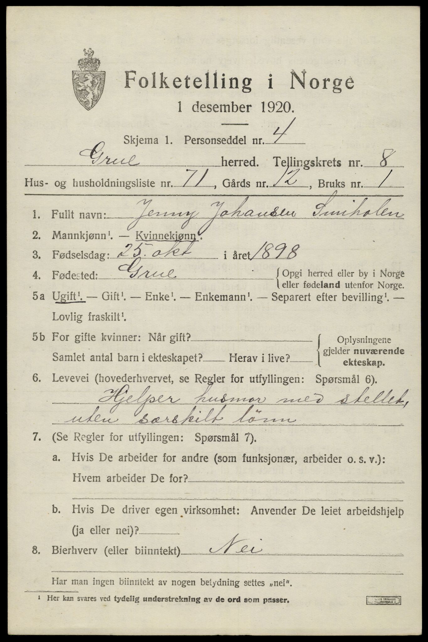 SAH, 1920 census for Grue, 1920, p. 7729