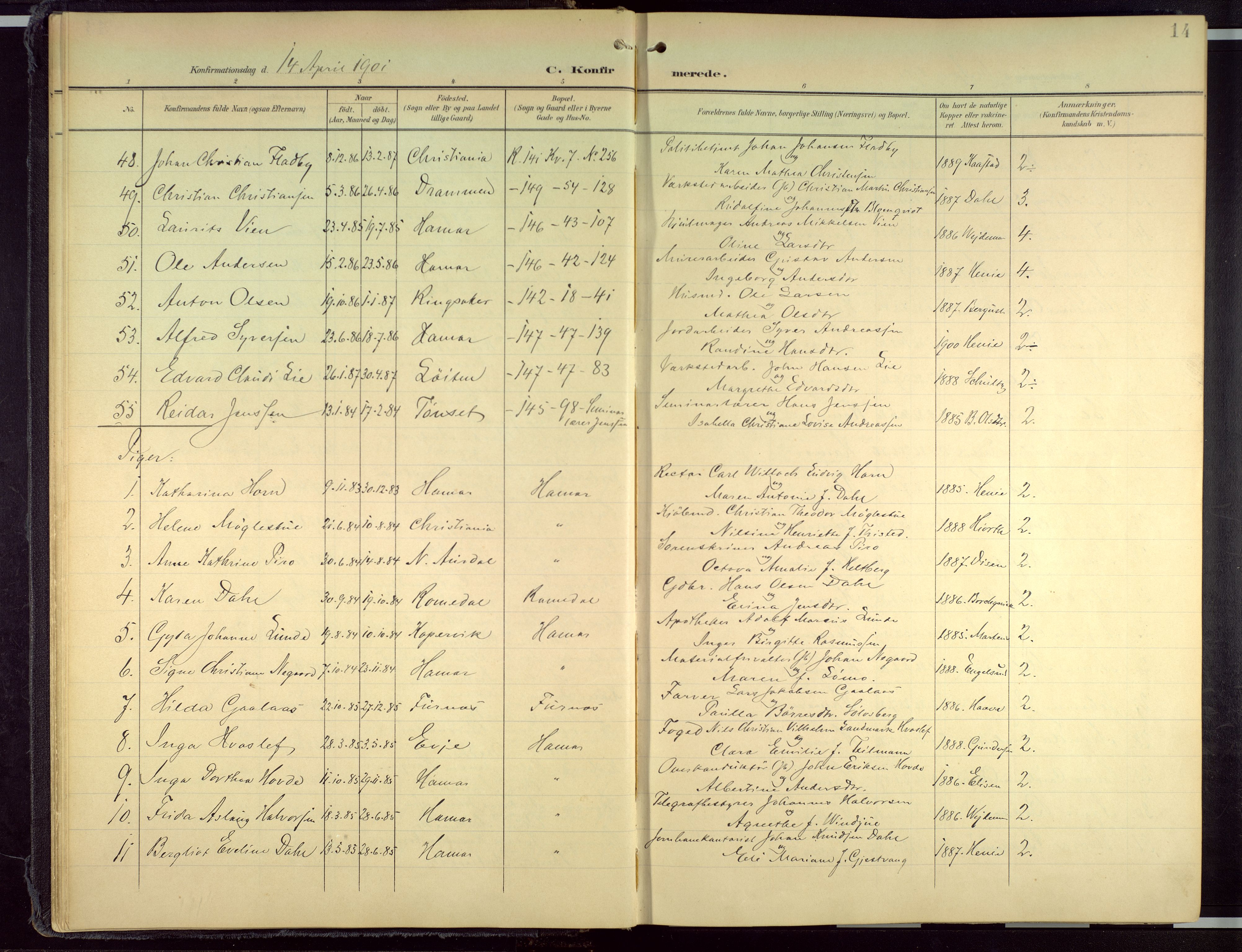 Hamar prestekontor, AV/SAH-DOMPH-002/H/Ha/Haa/L0004: Parish register (official) no. 4, 1899-1973, p. 14