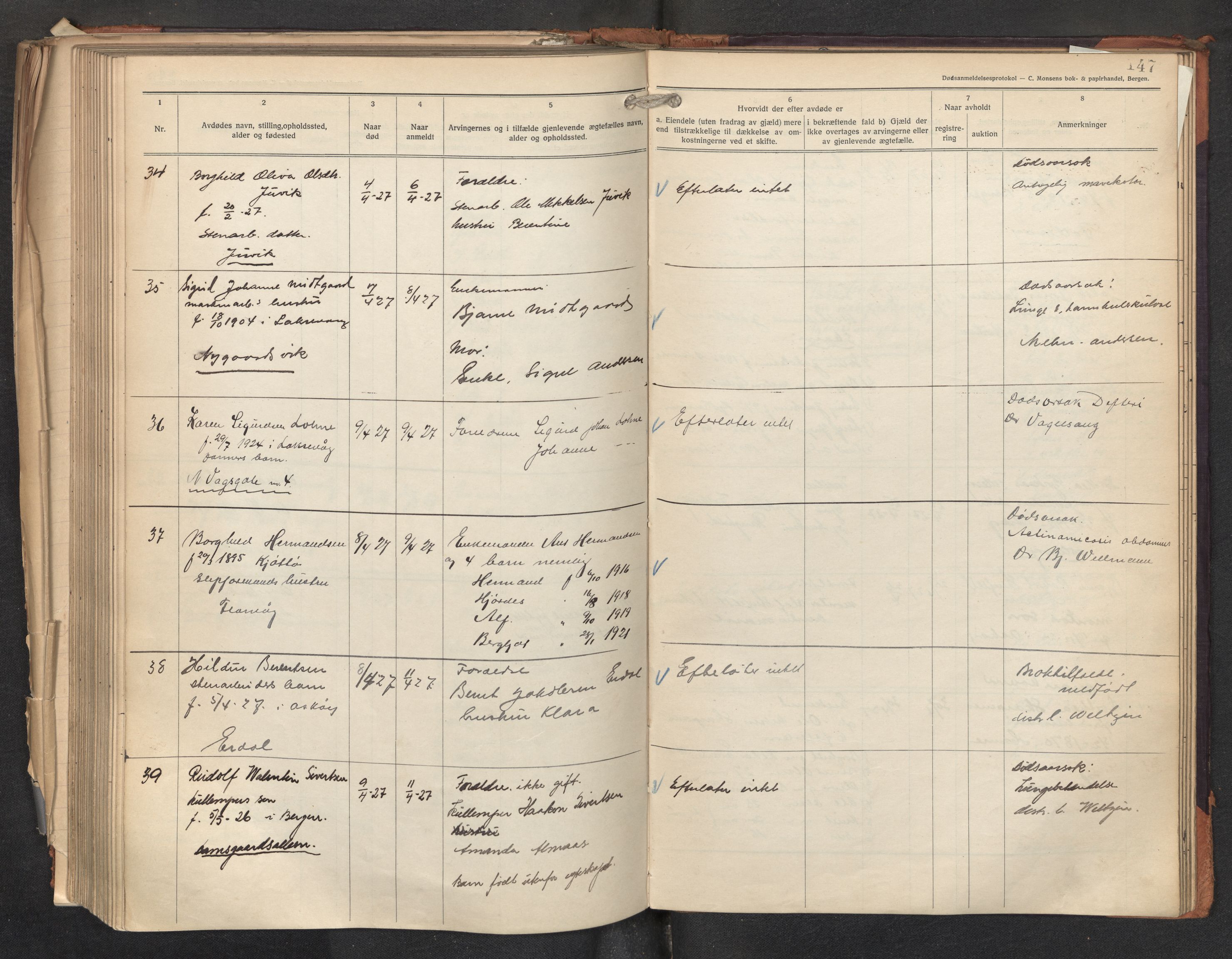 Lensmannen i Askøy, AV/SAB-A-31001/0006/L0002: Dødsfallprotokoll med register , 1921-1928, p. 147