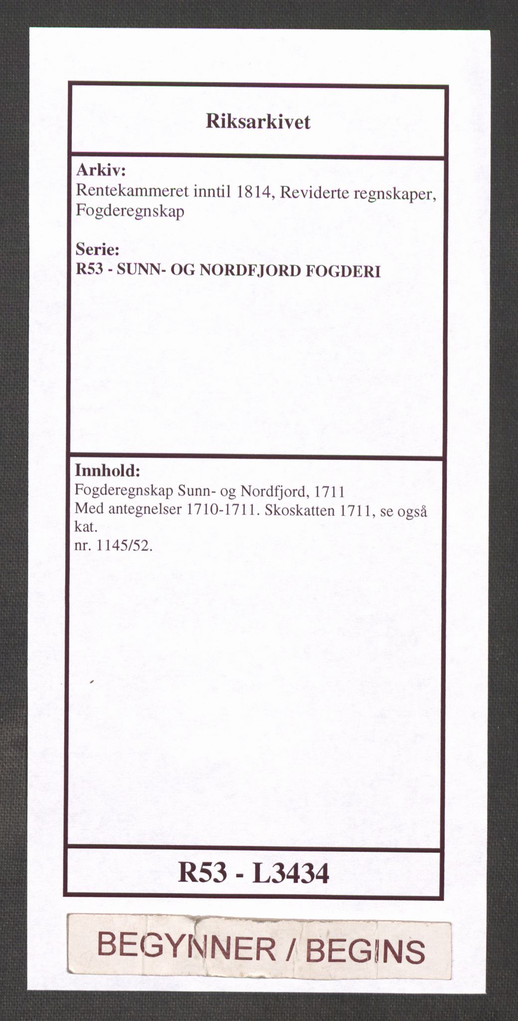 Rentekammeret inntil 1814, Reviderte regnskaper, Fogderegnskap, RA/EA-4092/R53/L3434: Fogderegnskap Sunn- og Nordfjord, 1711, p. 1