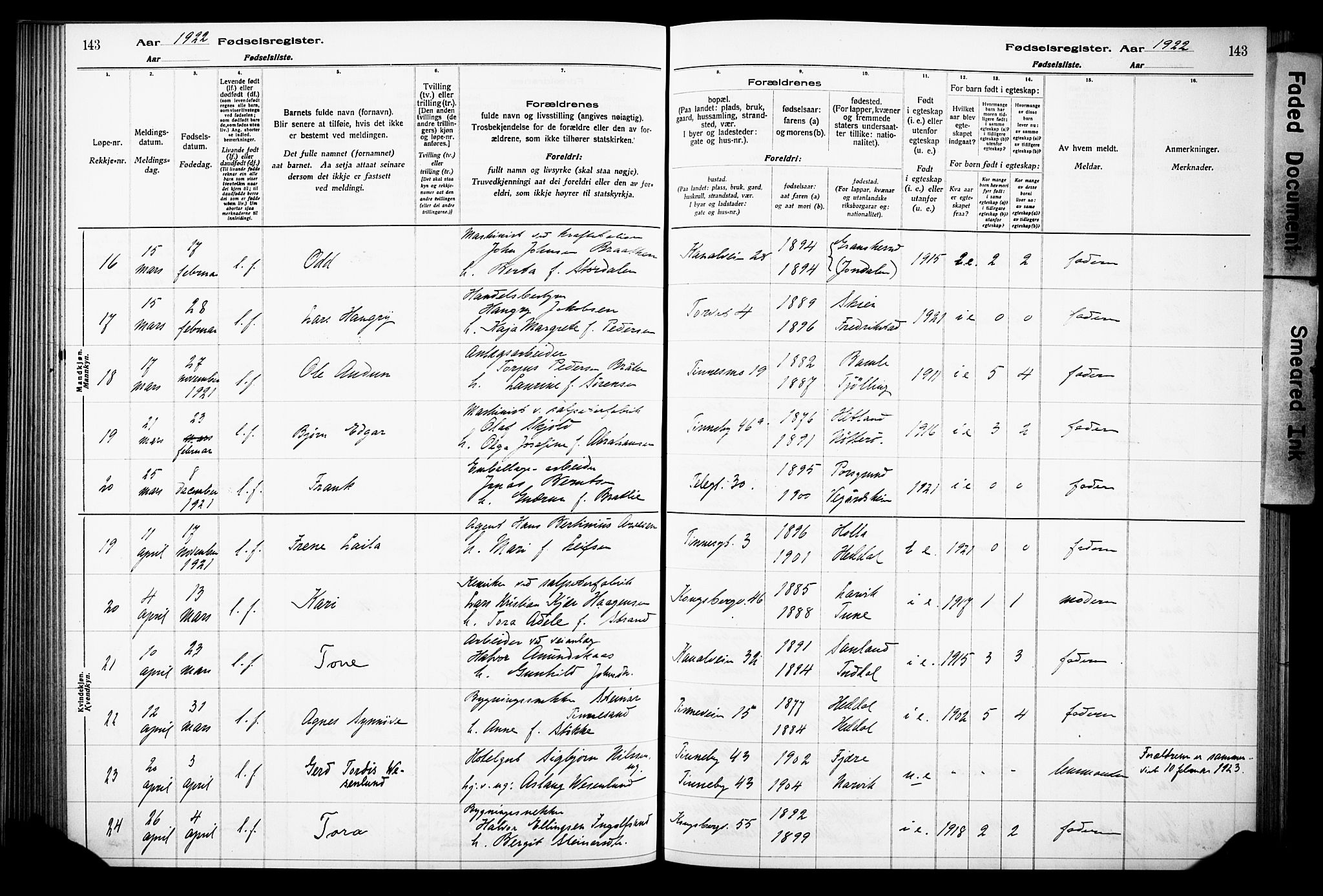 Notodden kirkebøker, AV/SAKO-A-290/J/Ja/L0001: Birth register no. 1, 1916-1924, p. 143