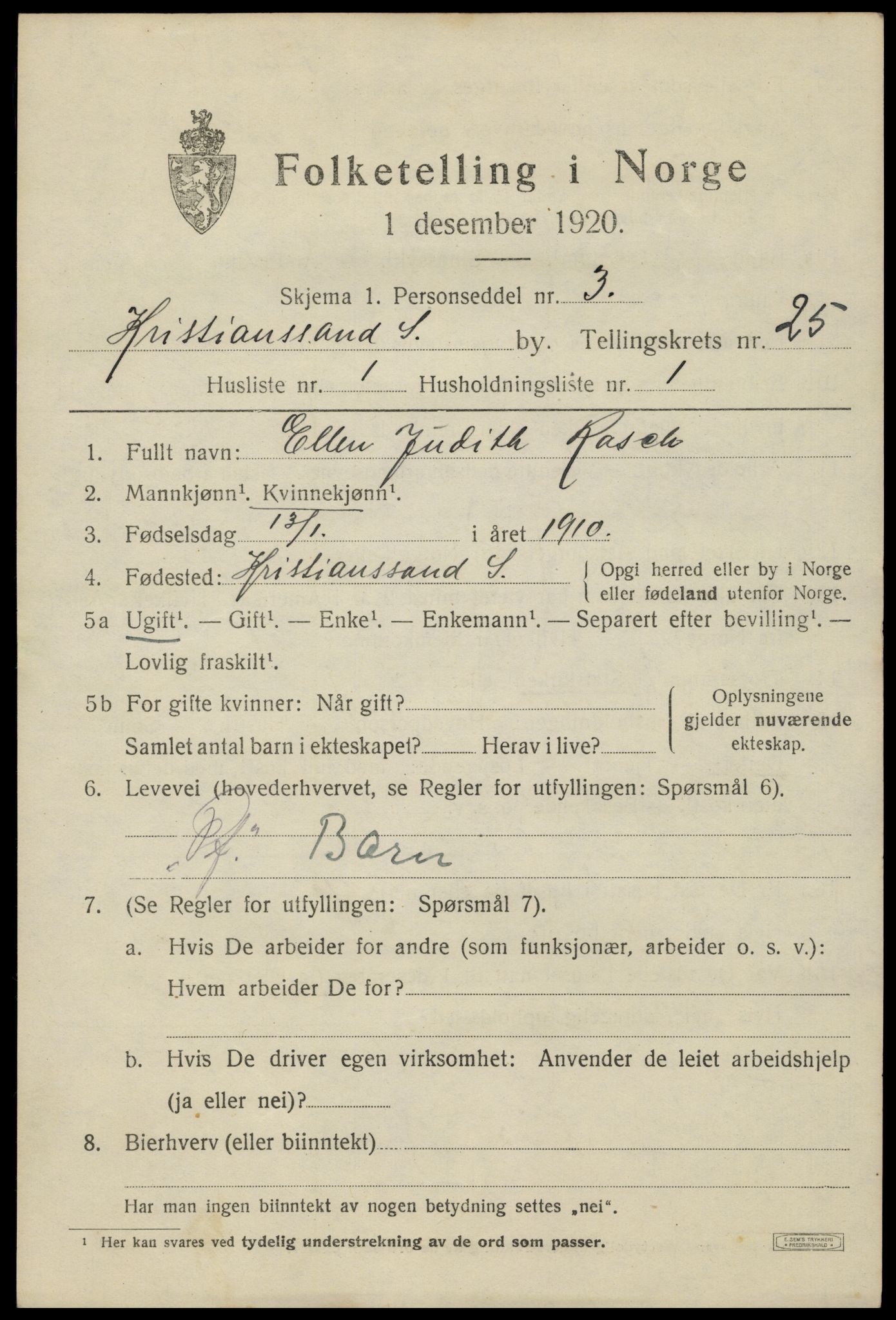 SAK, 1920 census for Kristiansand, 1920, p. 43637