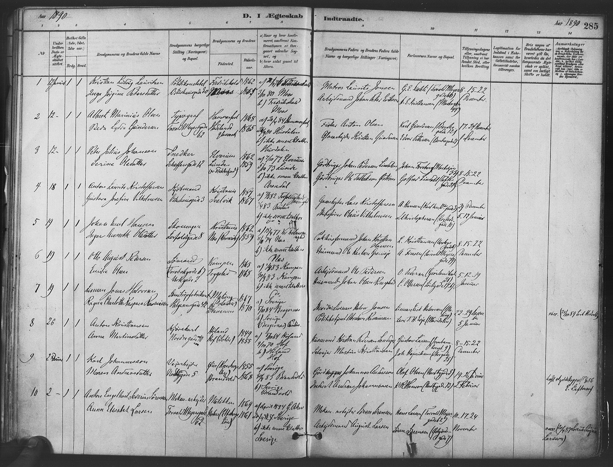 Paulus prestekontor Kirkebøker, SAO/A-10871/F/Fa/L0004: Parish register (official) no. 4, 1879-1891, p. 285