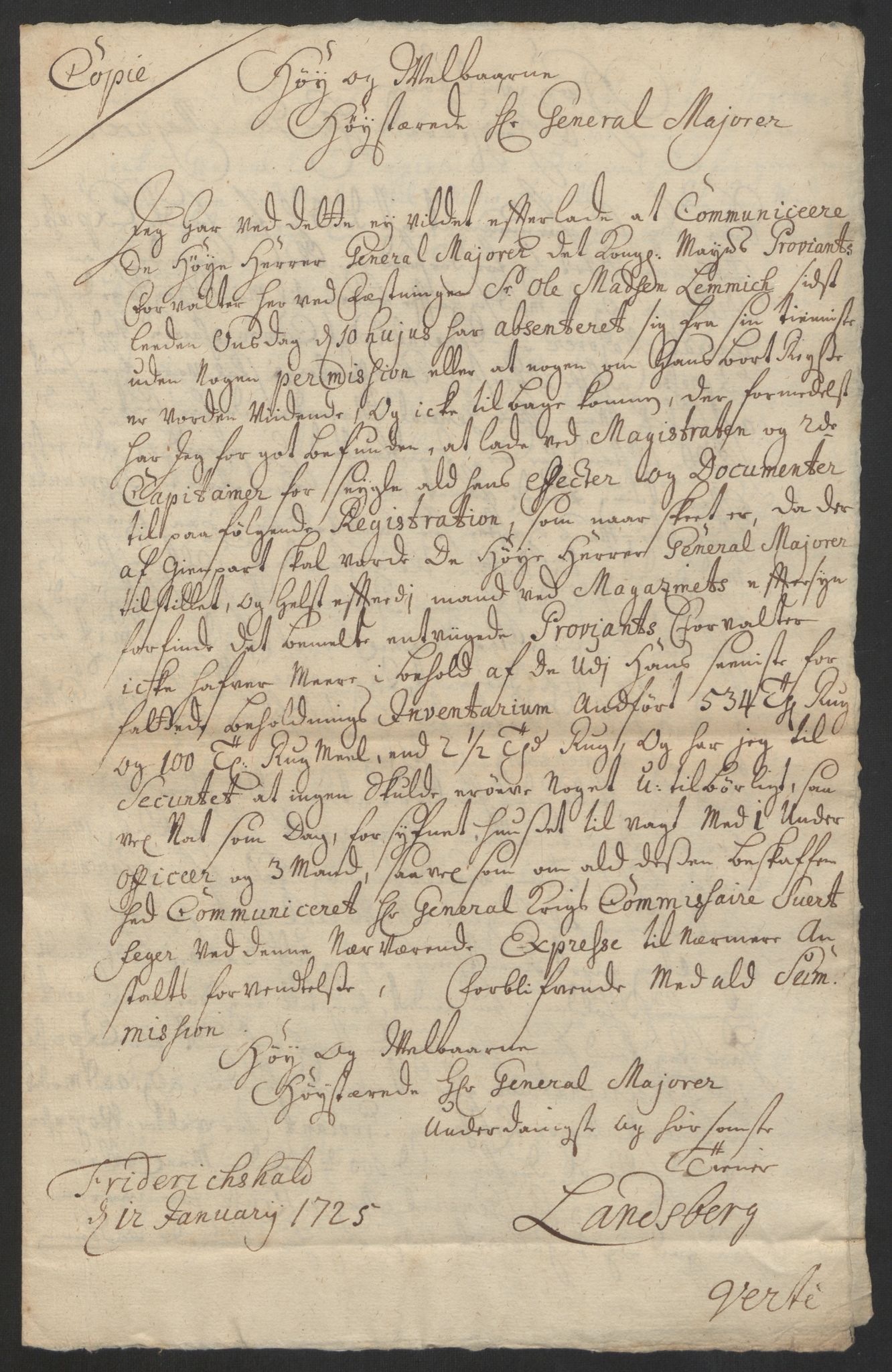 Kommanderende general (KG I) med Det norske krigsdirektorium, AV/RA-EA-5419/D/L0153: Fredriksten festning: Brev, inventarfortegnelser og regnskapsekstrakter, 1724-1729, p. 253