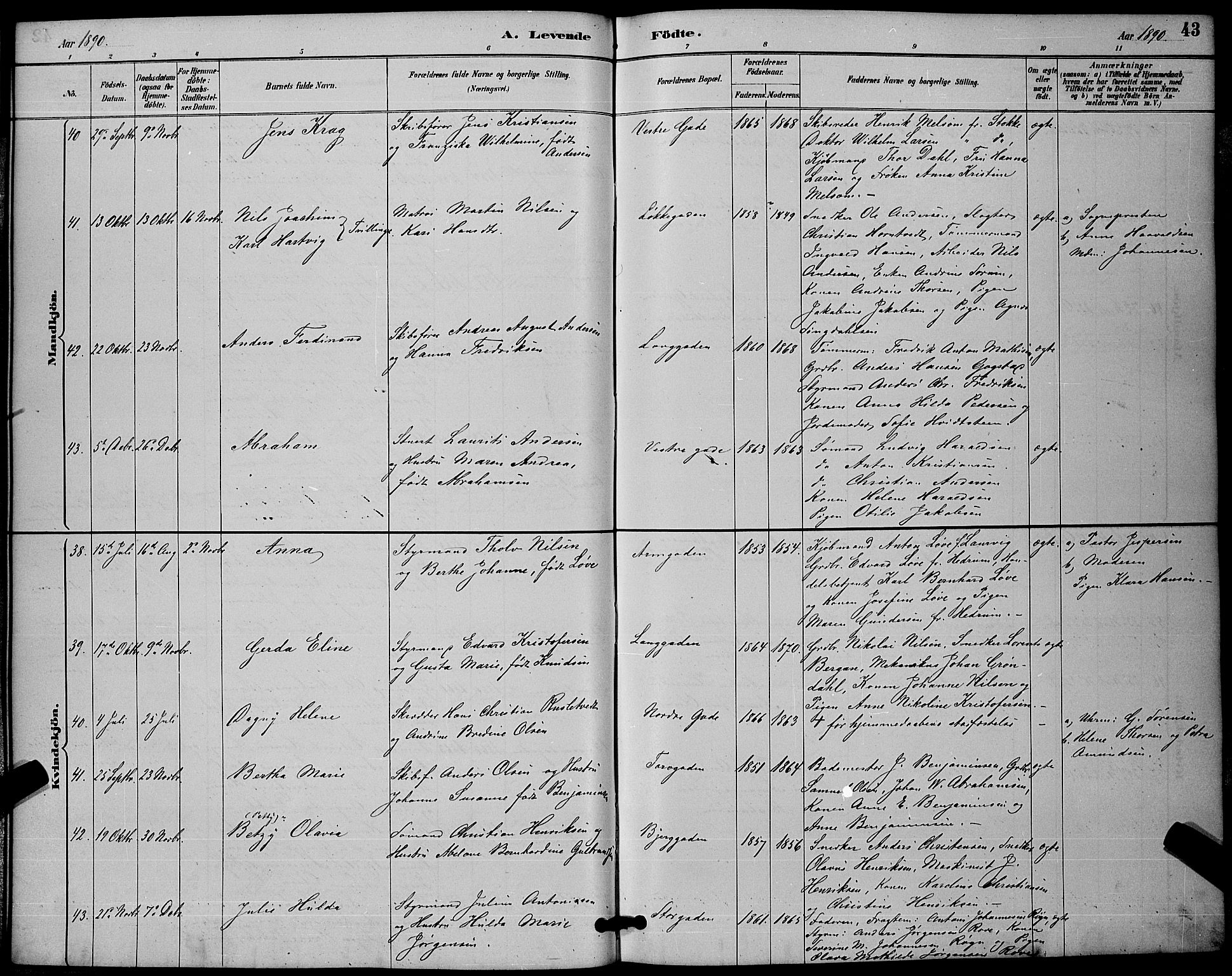 Sandefjord kirkebøker, SAKO/A-315/G/Ga/L0001: Parish register (copy) no. 1, 1885-1903, p. 43