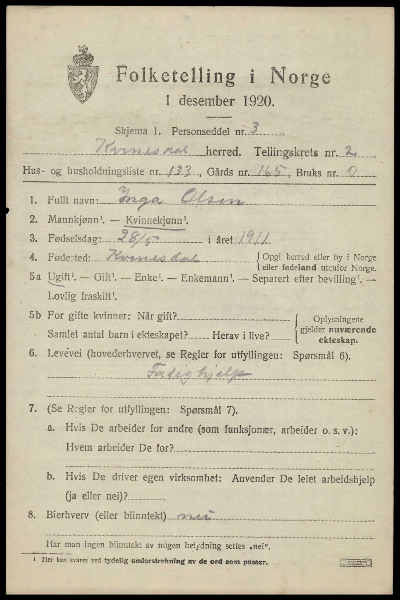 SAK, 1920 census for Kvinesdal, 1920, p. 3155