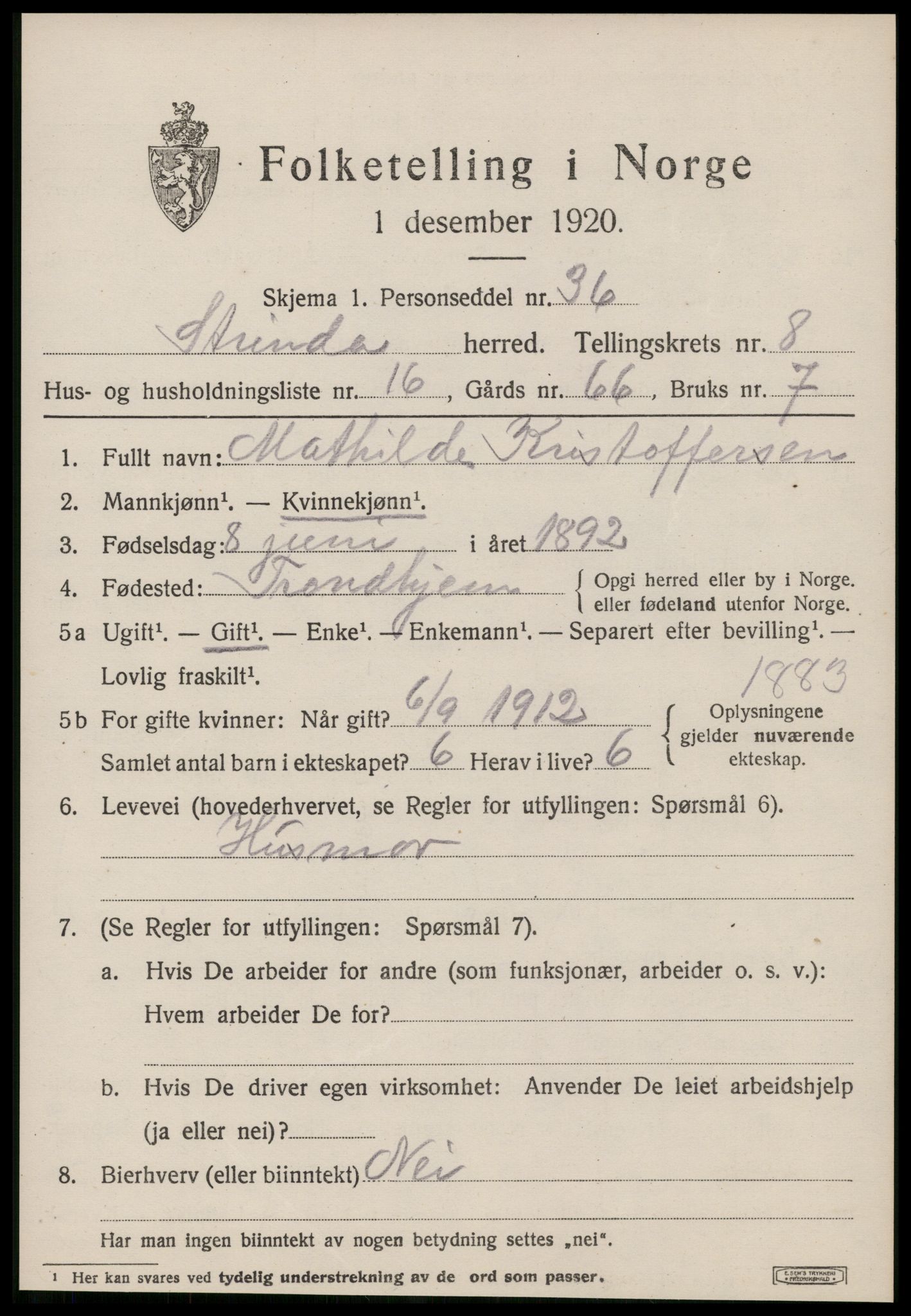 SAT, 1920 census for Strinda, 1920, p. 20208