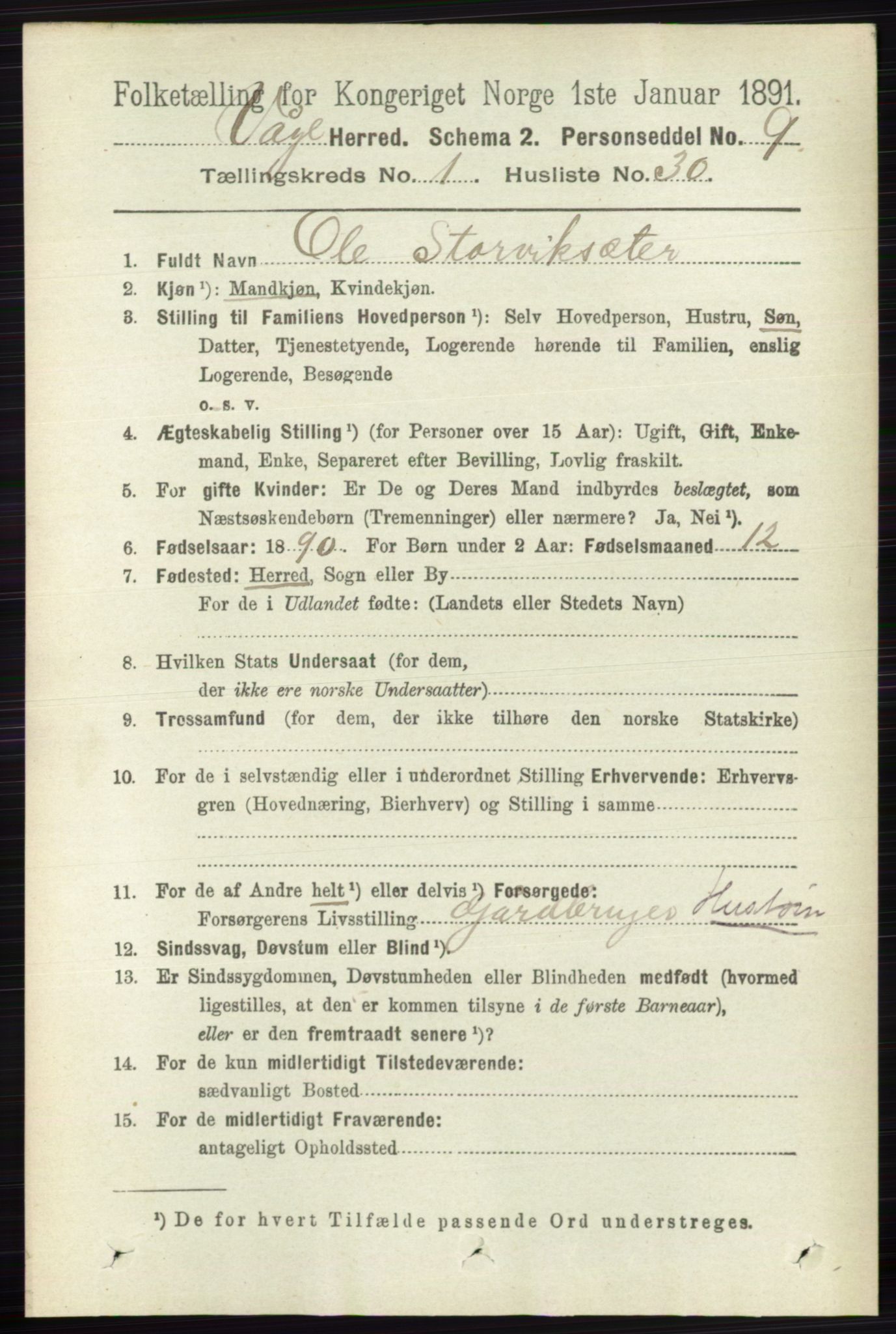 RA, 1891 census for 0515 Vågå, 1891, p. 336