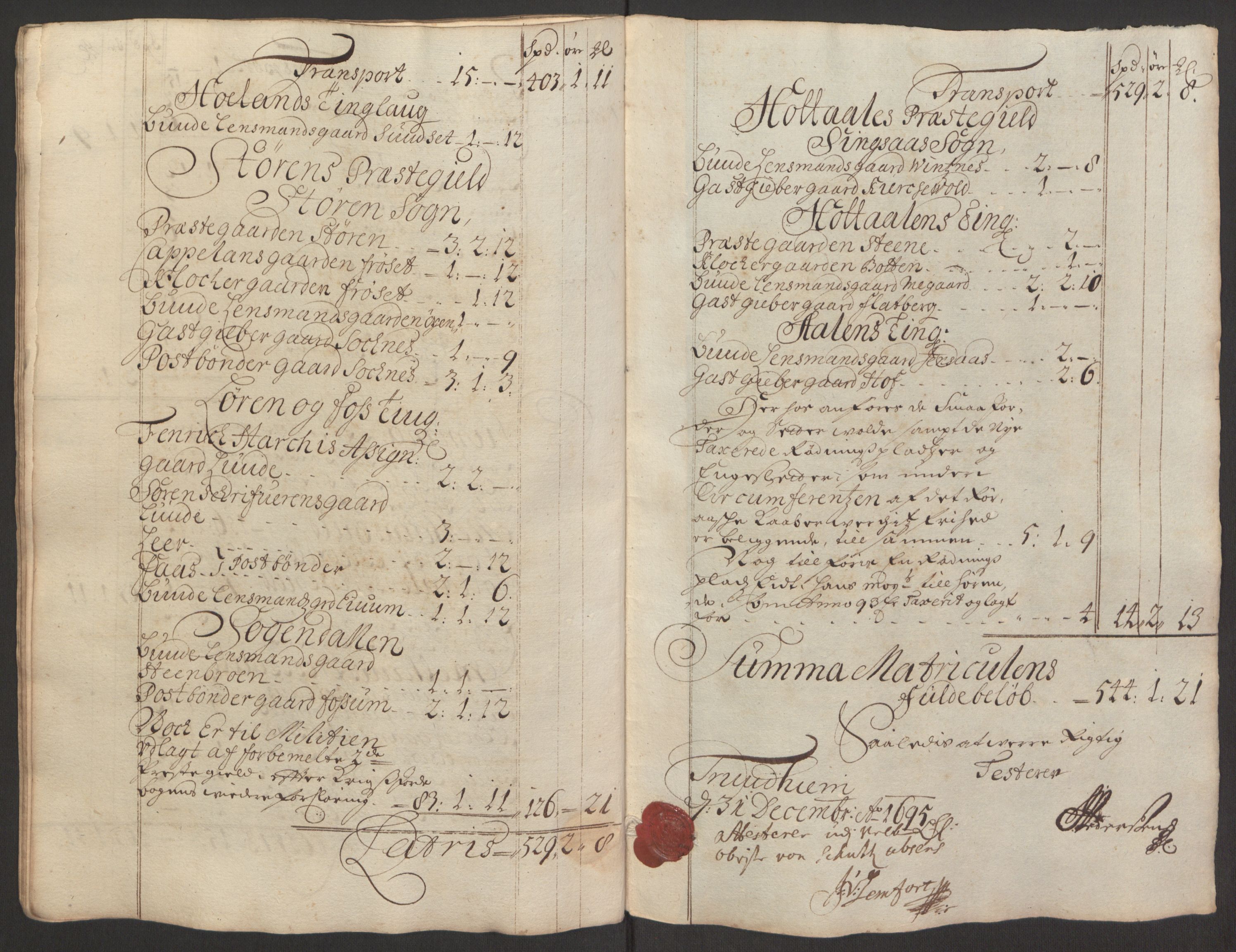 Rentekammeret inntil 1814, Reviderte regnskaper, Fogderegnskap, AV/RA-EA-4092/R60/L3945: Fogderegnskap Orkdal og Gauldal, 1695, p. 315