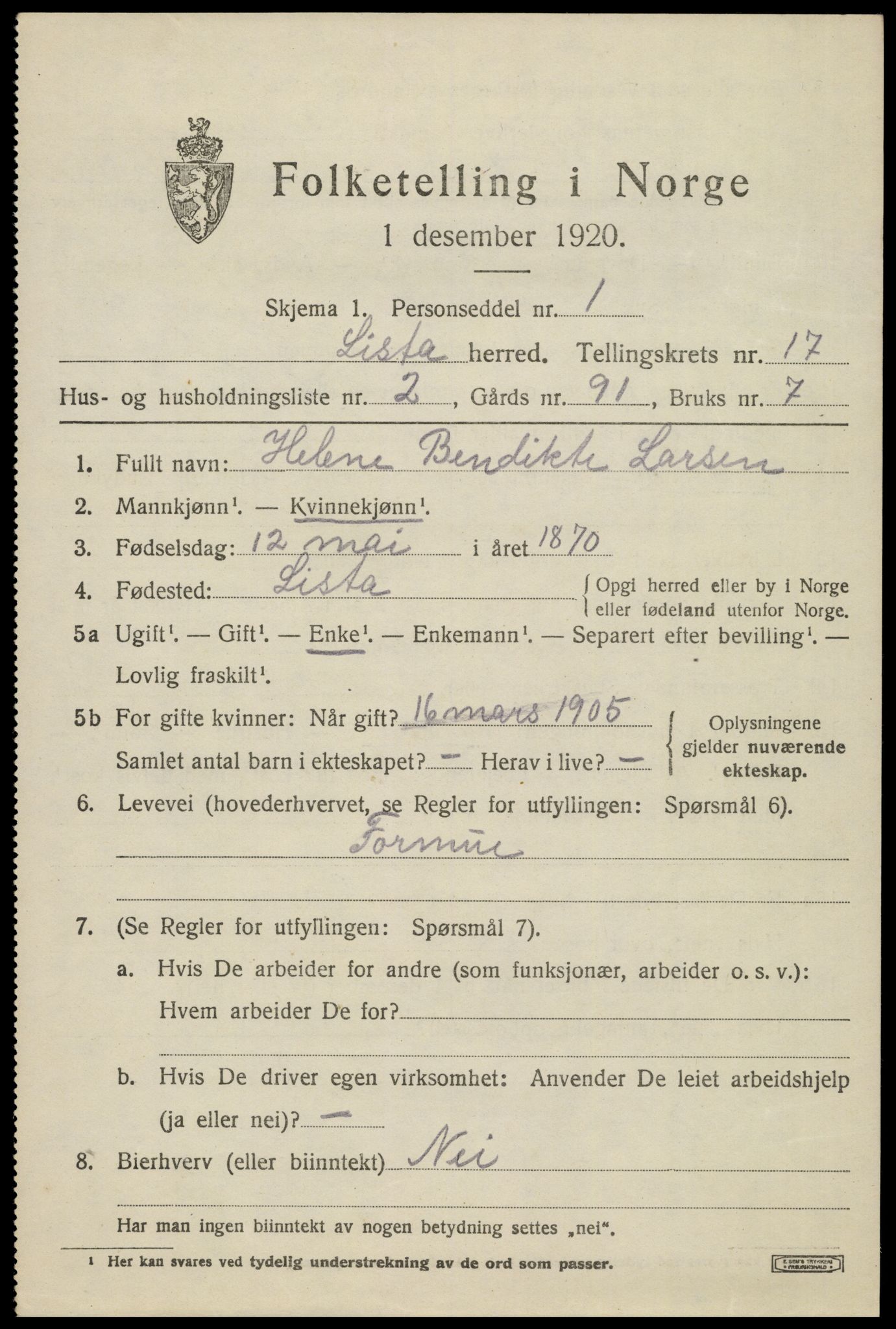 SAK, 1920 census for Lista, 1920, p. 13421