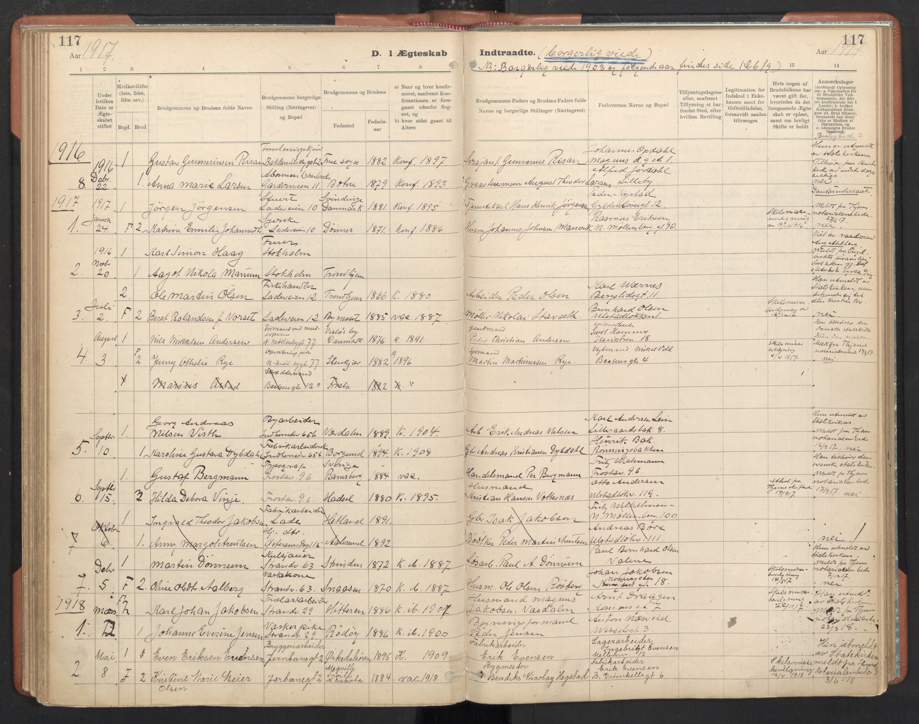 Ministerialprotokoller, klokkerbøker og fødselsregistre - Sør-Trøndelag, SAT/A-1456/605/L0244: Parish register (official) no. 605A06, 1908-1954, p. 117