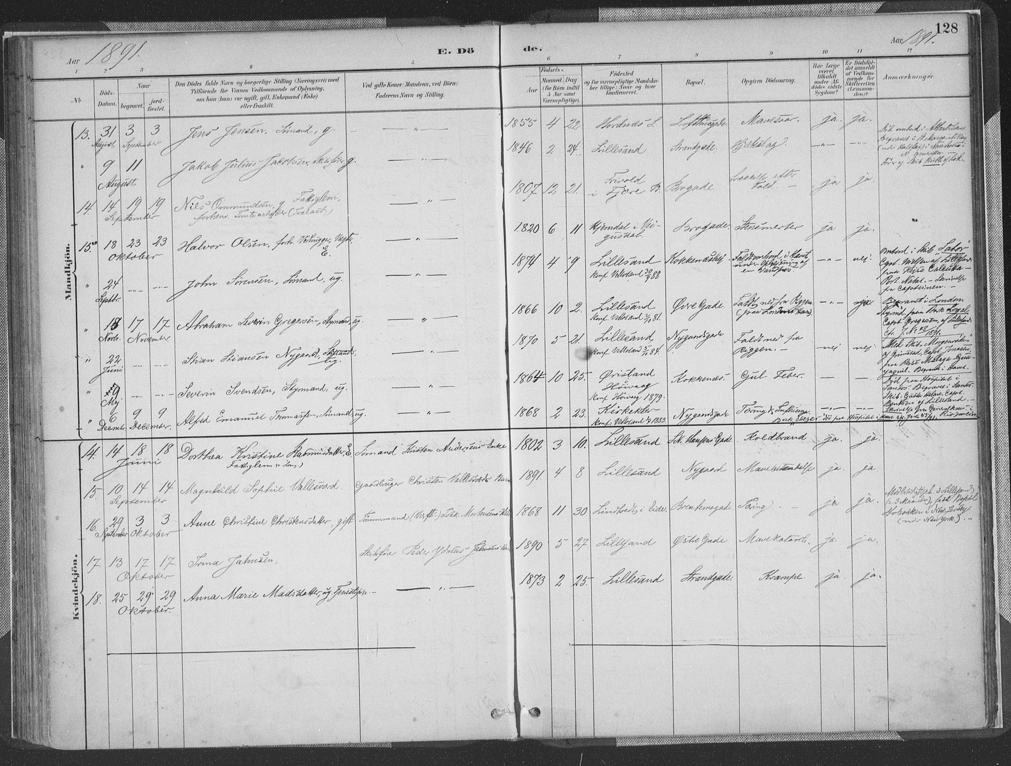 Vestre Moland sokneprestkontor, AV/SAK-1111-0046/F/Fa/Faa/L0001: Parish register (official) no. A 1, 1884-1899, p. 128