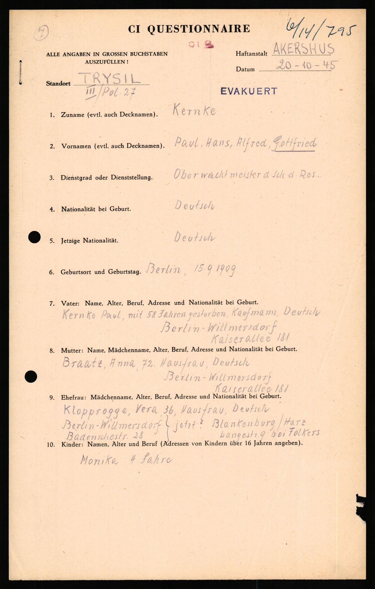 Forsvaret, Forsvarets overkommando II, AV/RA-RAFA-3915/D/Db/L0016: CI Questionaires. Tyske okkupasjonsstyrker i Norge. Tyskere., 1945-1946, p. 656