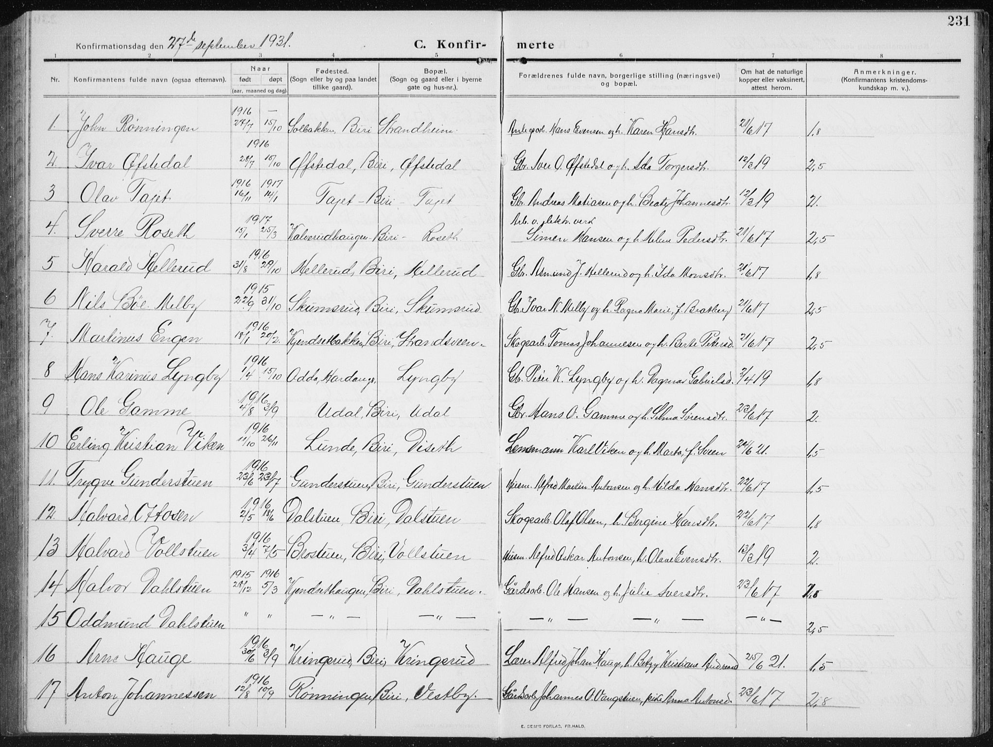 Biri prestekontor, SAH/PREST-096/H/Ha/Hab/L0006: Parish register (copy) no. 6, 1909-1938, p. 231