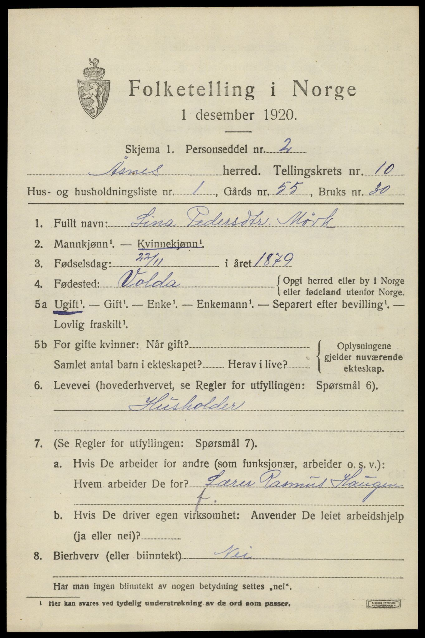 SAH, 1920 census for Åsnes, 1920, p. 10430