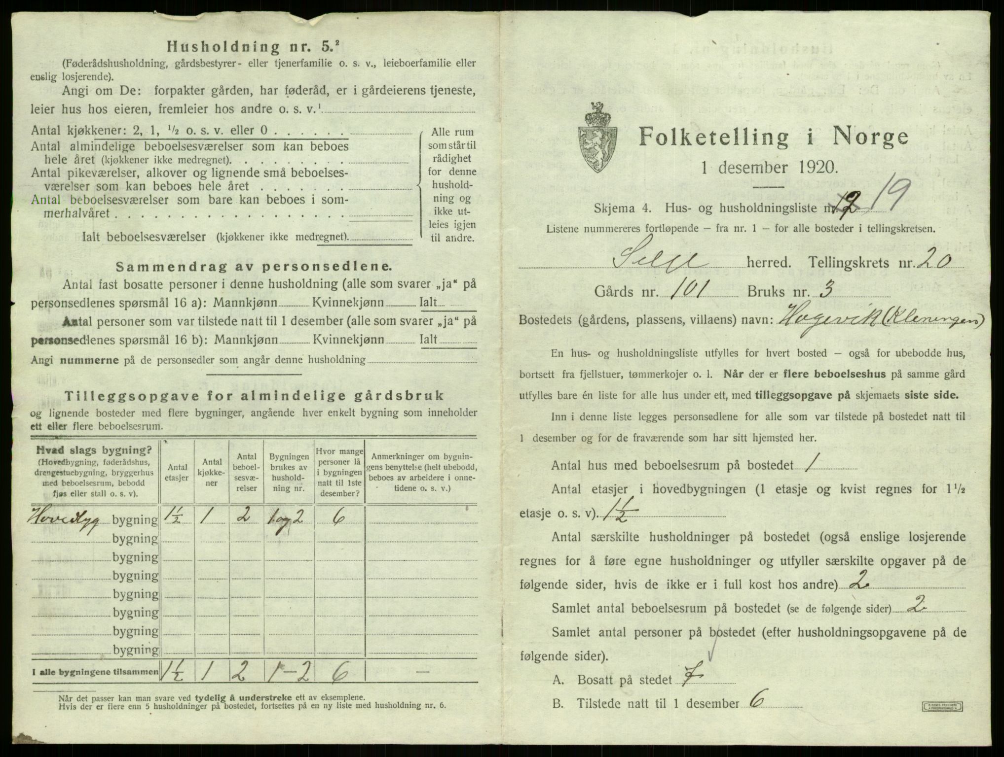 SAB, 1920 census for Selje, 1920, p. 1190