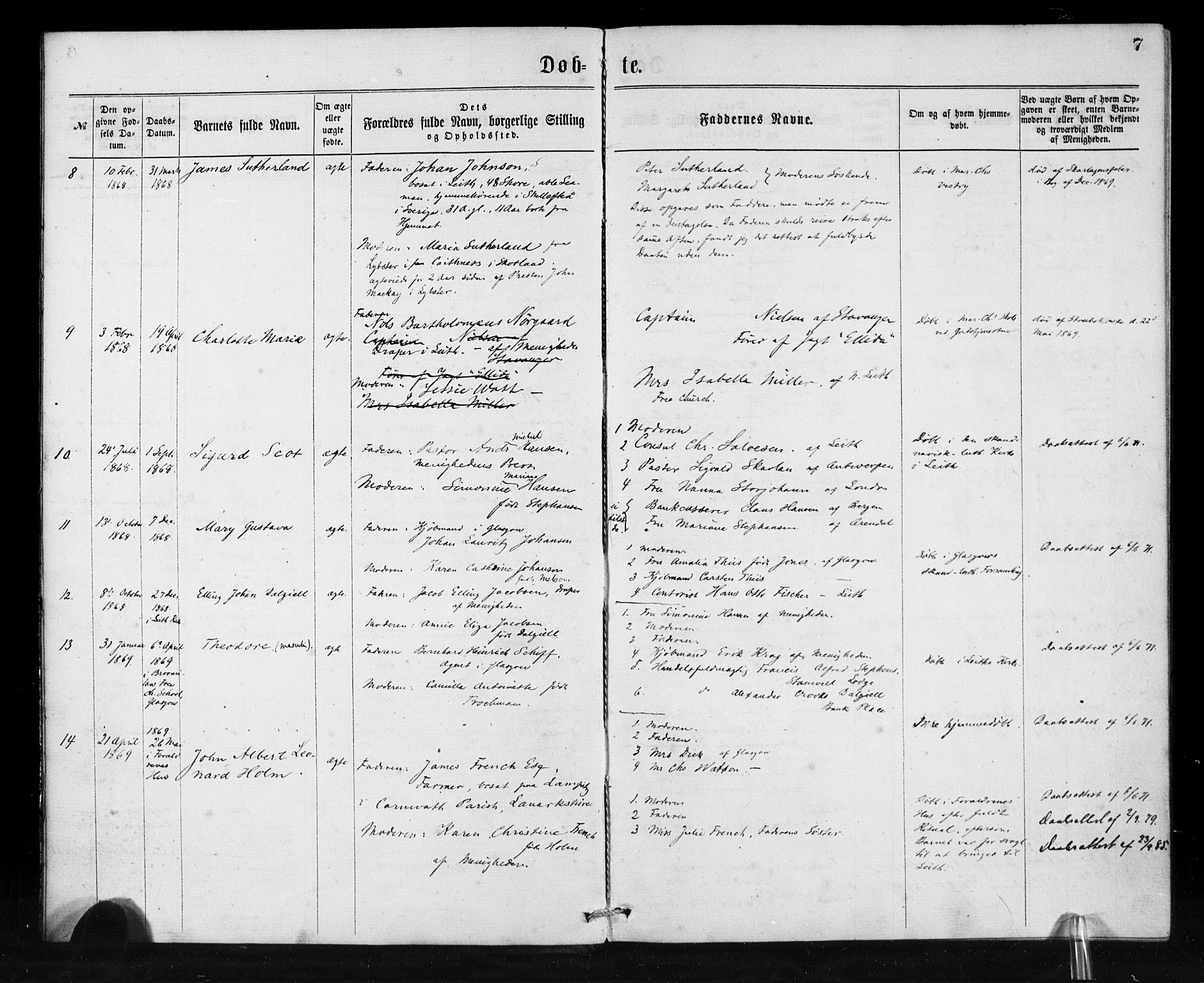 Den norske sjømannsmisjon i utlandet/Skotske havner (Leith, Glasgow), SAB/SAB/PA-0100/H/Ha/Haa/L0001: Parish register (official) no. A 1, 1865-1880, p. 7