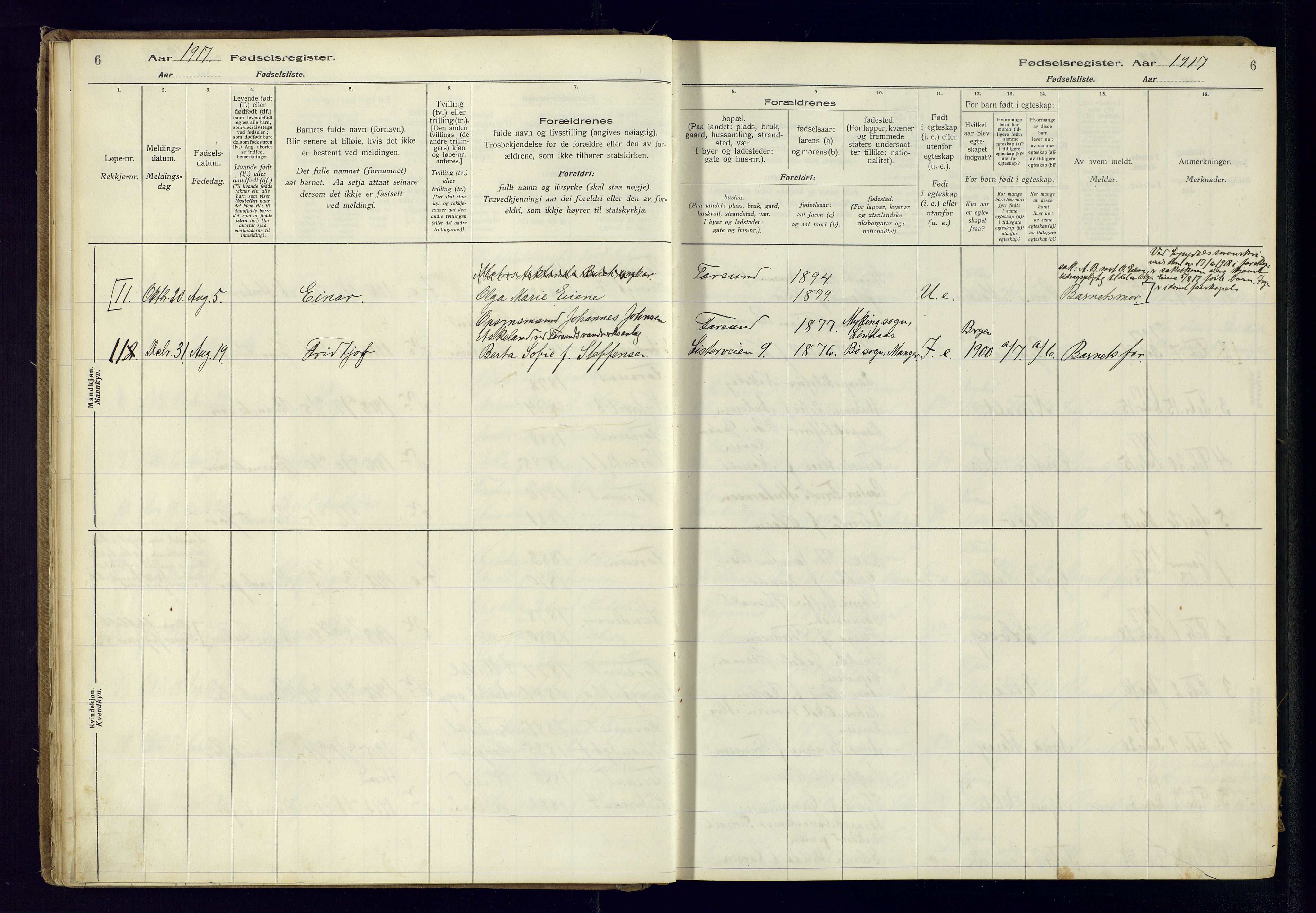 Farsund sokneprestkontor, AV/SAK-1111-0009/J/Ja/L0001: Birth register no. A-VI-8, 1916-1950, p. 6