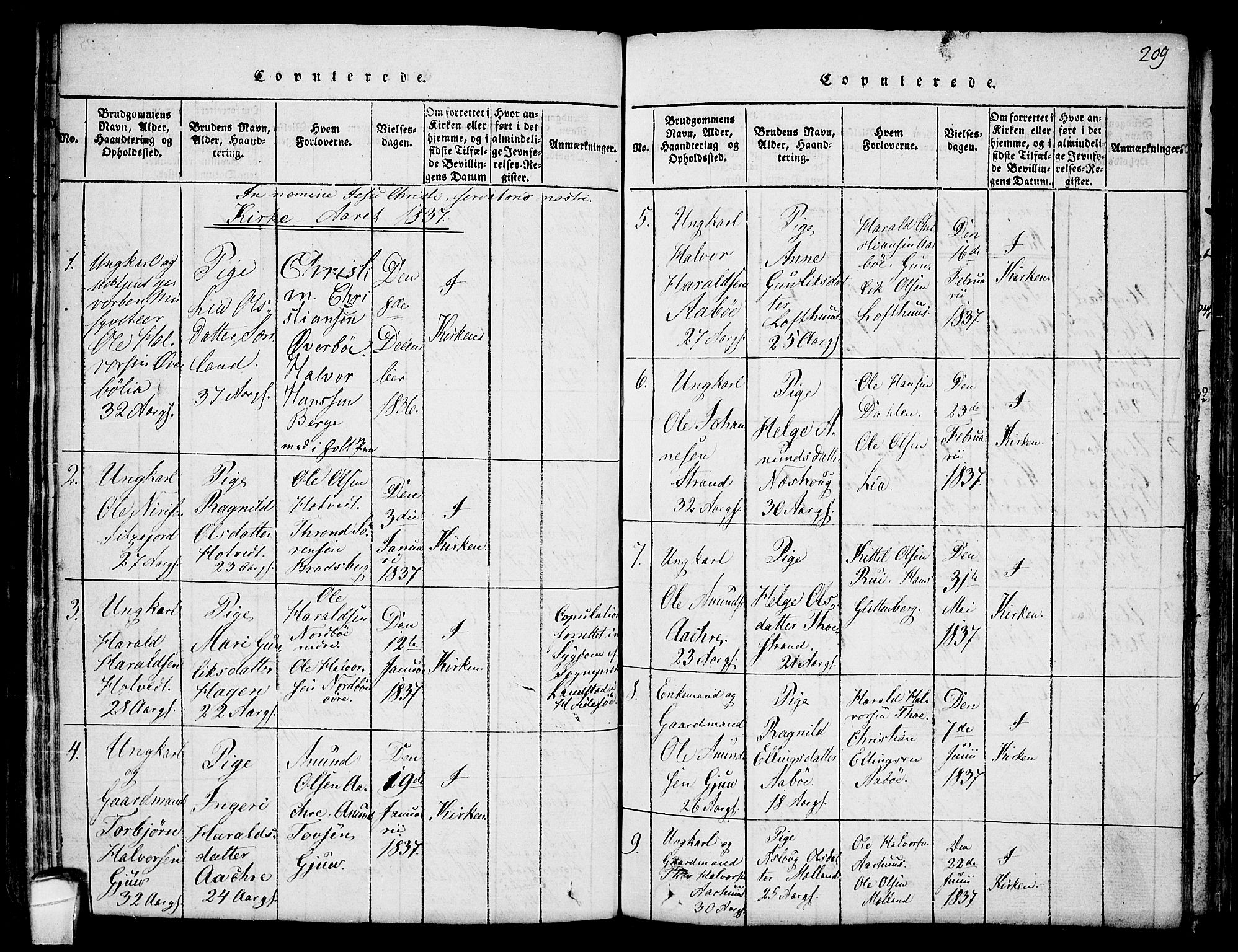 Hjartdal kirkebøker, AV/SAKO-A-270/F/Fa/L0007: Parish register (official) no. I 7, 1815-1843, p. 209