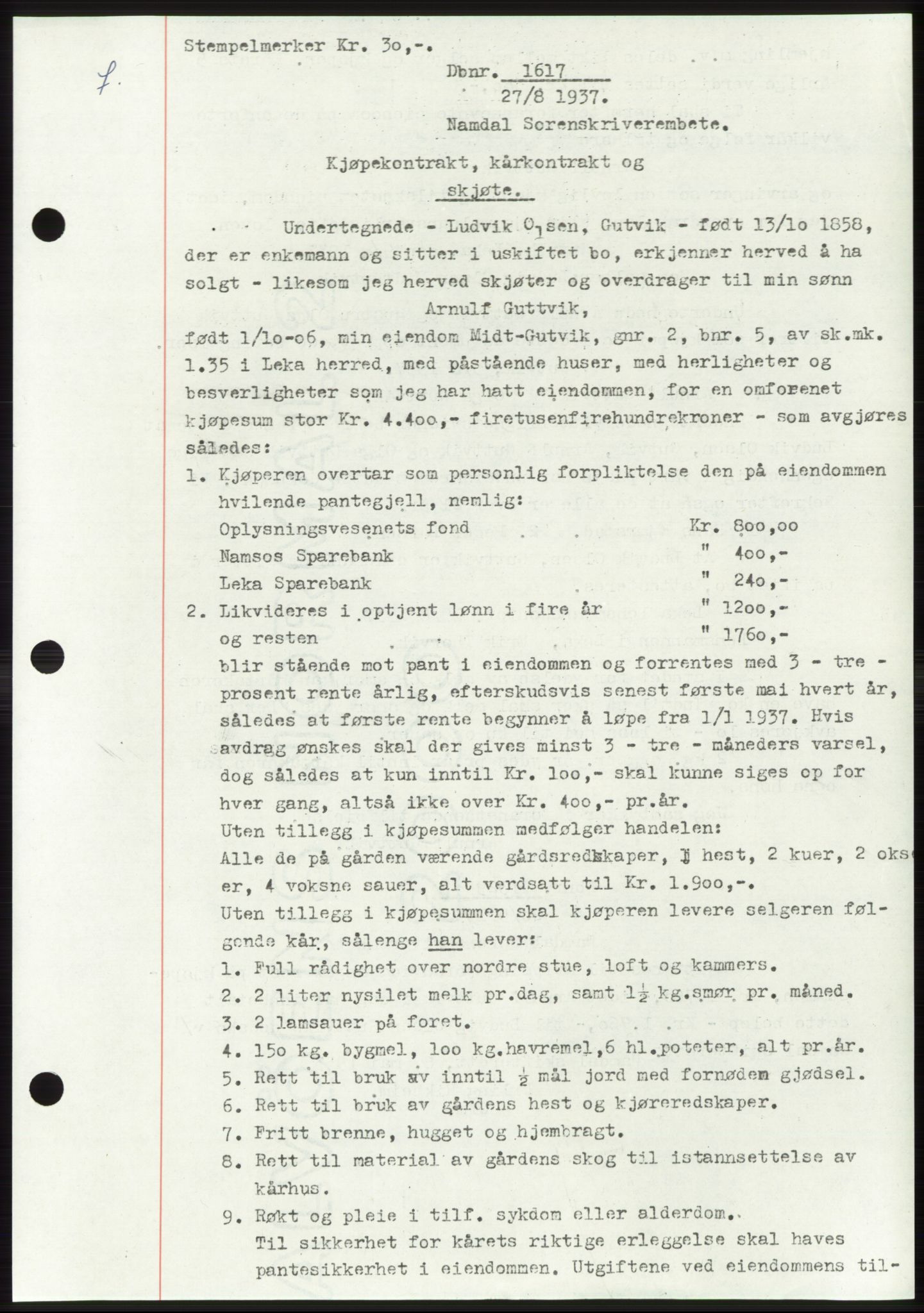 Namdal sorenskriveri, SAT/A-4133/1/2/2C: Mortgage book no. -, 1937-1939, Deed date: 27.08.1937