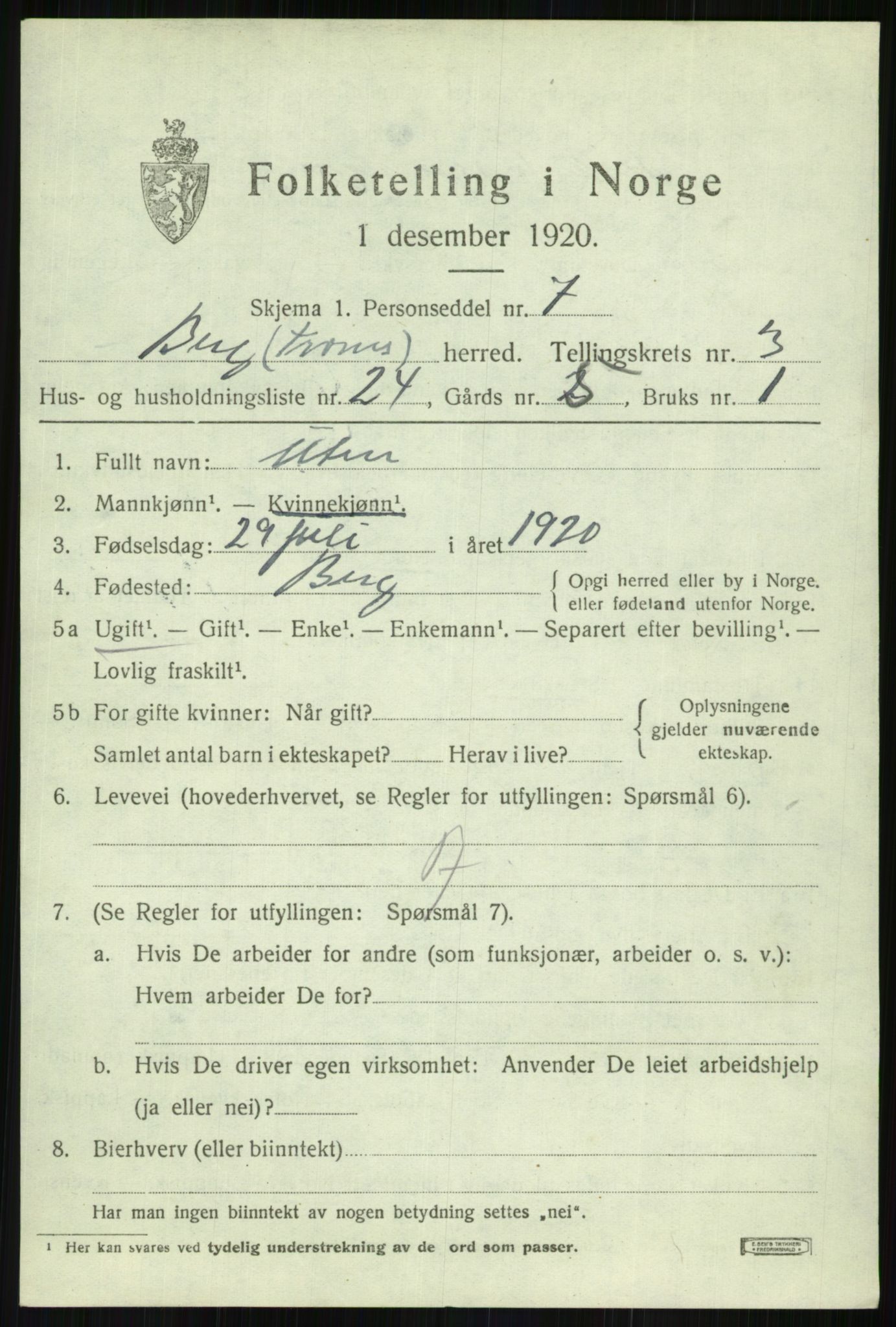 SATØ, 1920 census for Berg, 1920, p. 1529