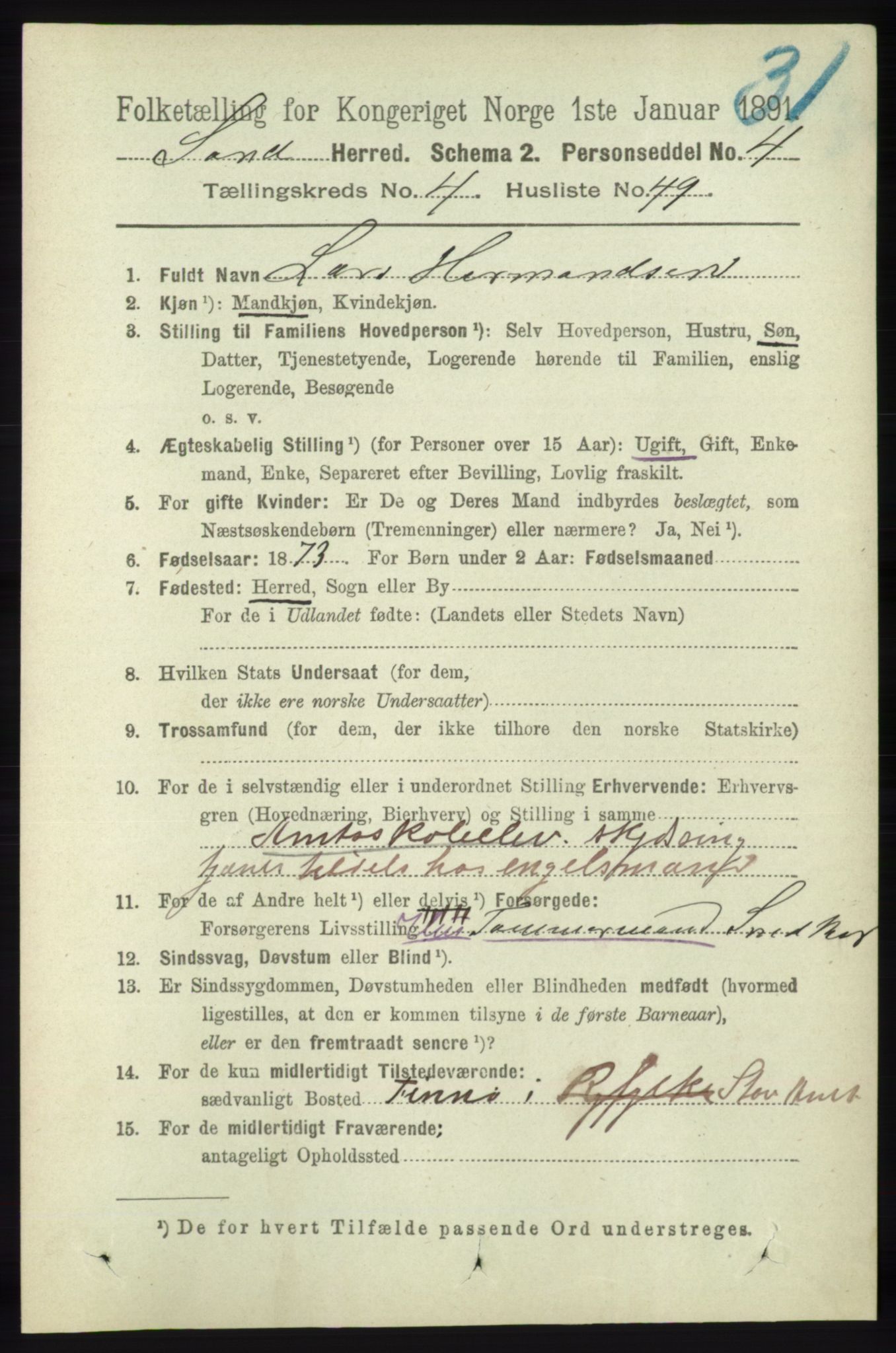 RA, 1891 census for 1136 Sand, 1891, p. 1475