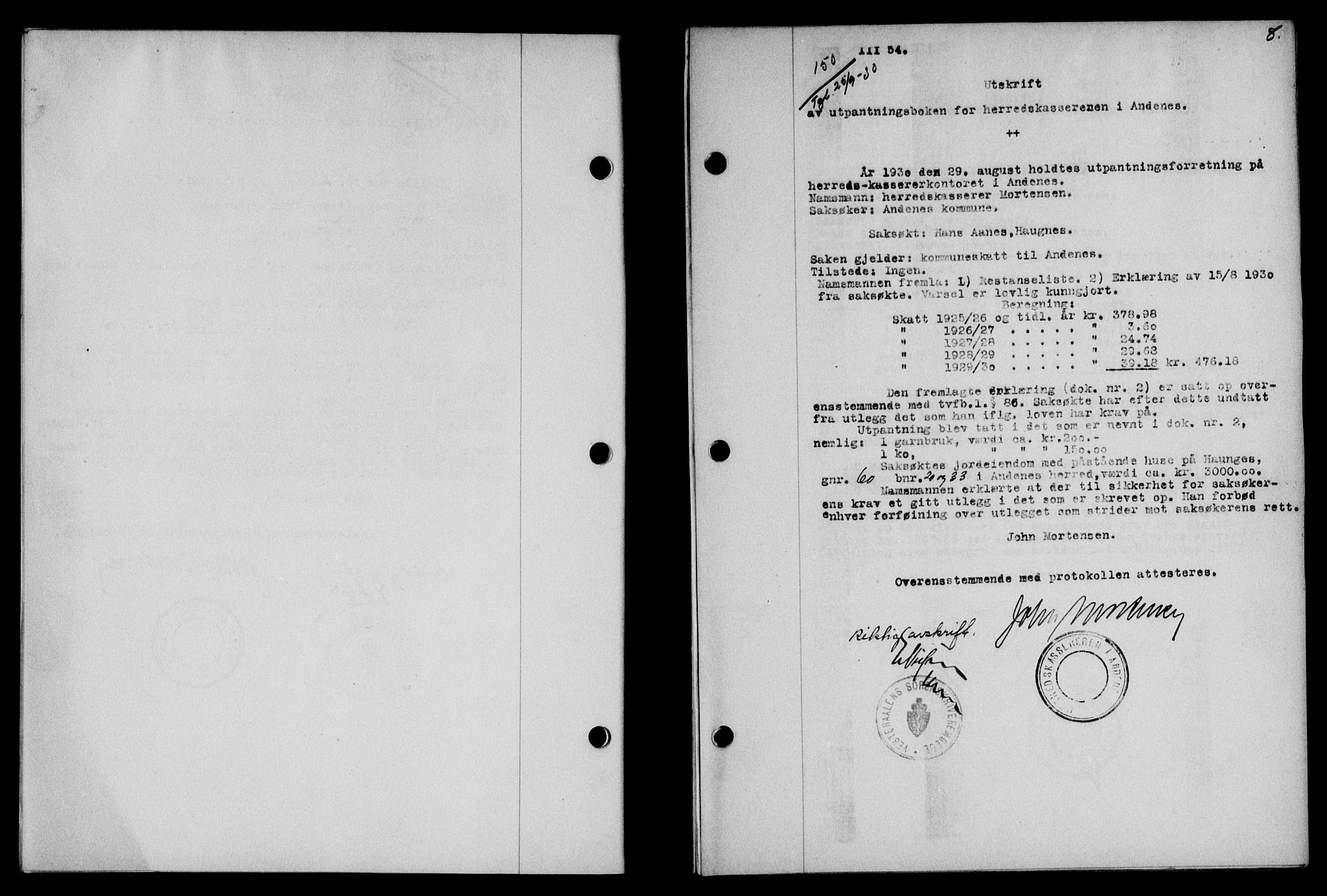 Vesterålen sorenskriveri, AV/SAT-A-4180/1/2/2Ca/L0052: Mortgage book no. 45, 1930-1931, Deed date: 25.09.1930