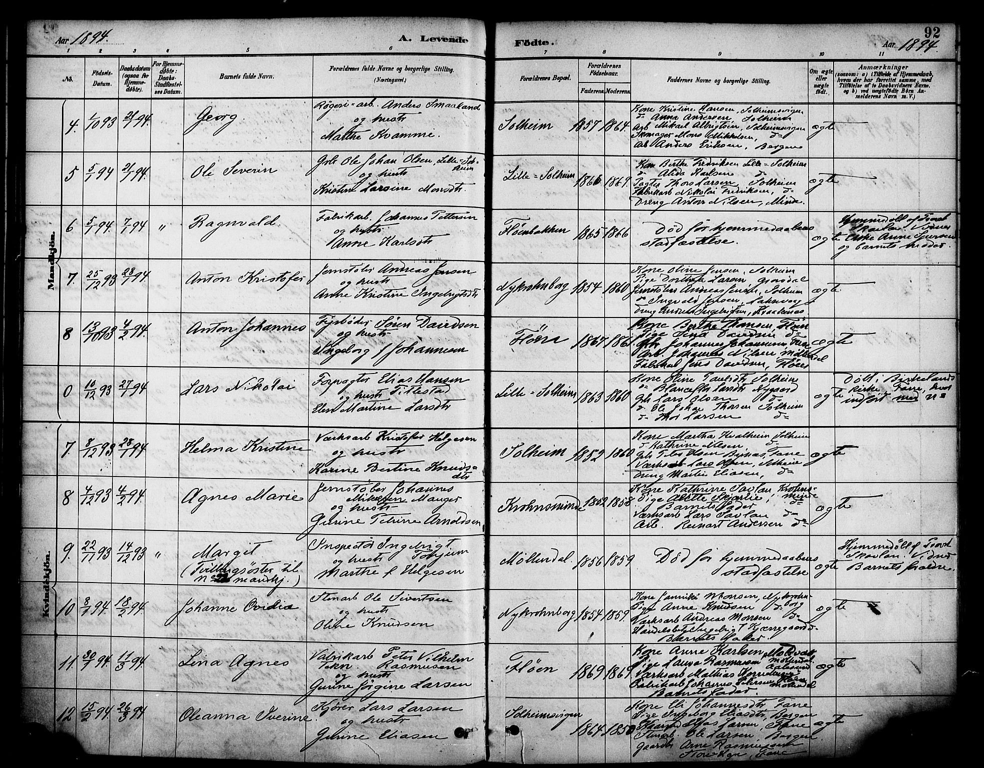 Årstad Sokneprestembete, AV/SAB-A-79301/H/Haa/L0001: Parish register (official) no. A 1, 1886-1901, p. 92