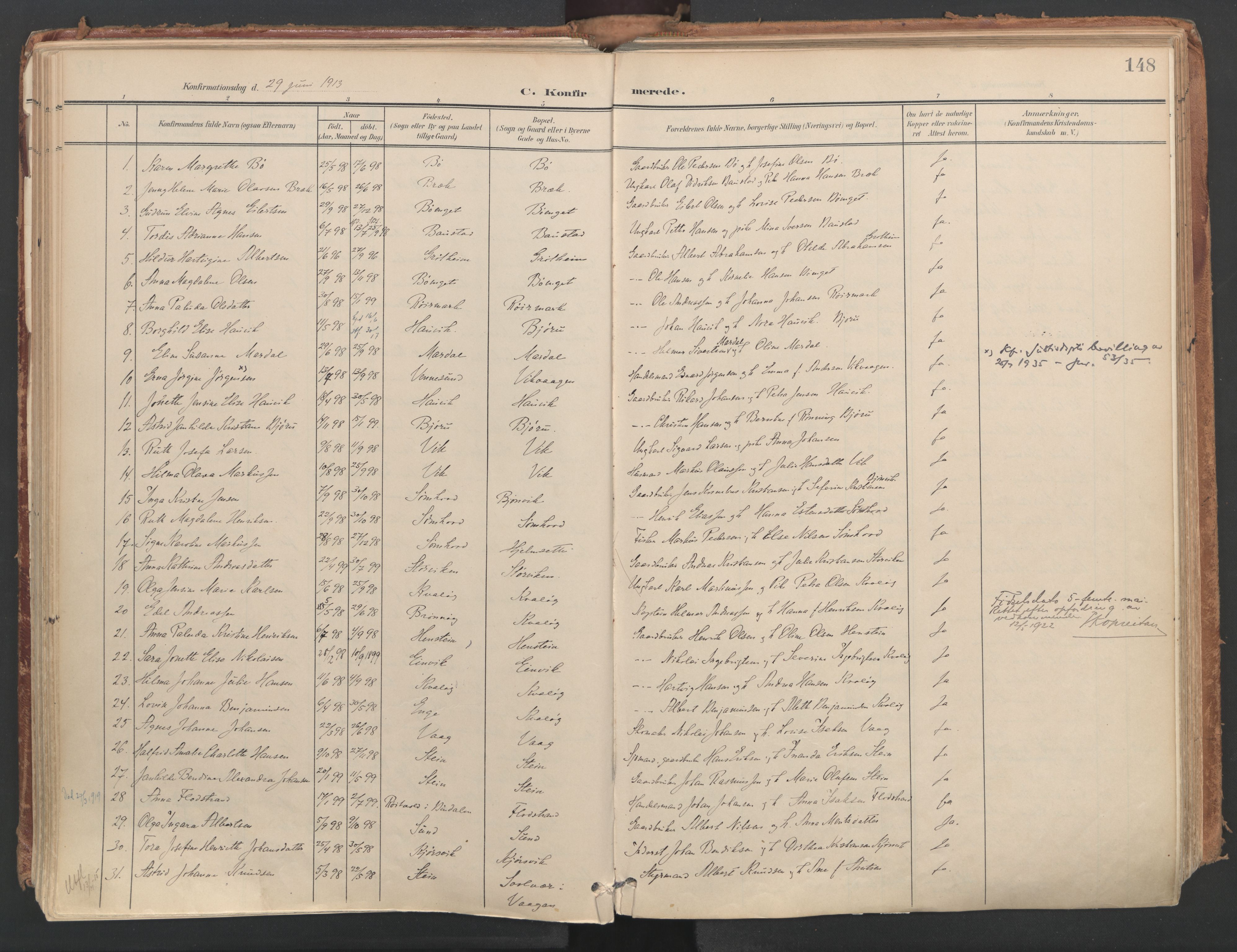 Ministerialprotokoller, klokkerbøker og fødselsregistre - Nordland, SAT/A-1459/812/L0180: Parish register (official) no. 812A09, 1901-1915, p. 148