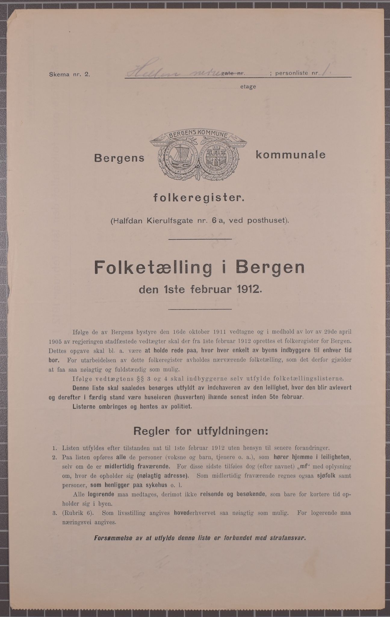 SAB, Municipal Census 1912 for Bergen, 1912, p. 2186