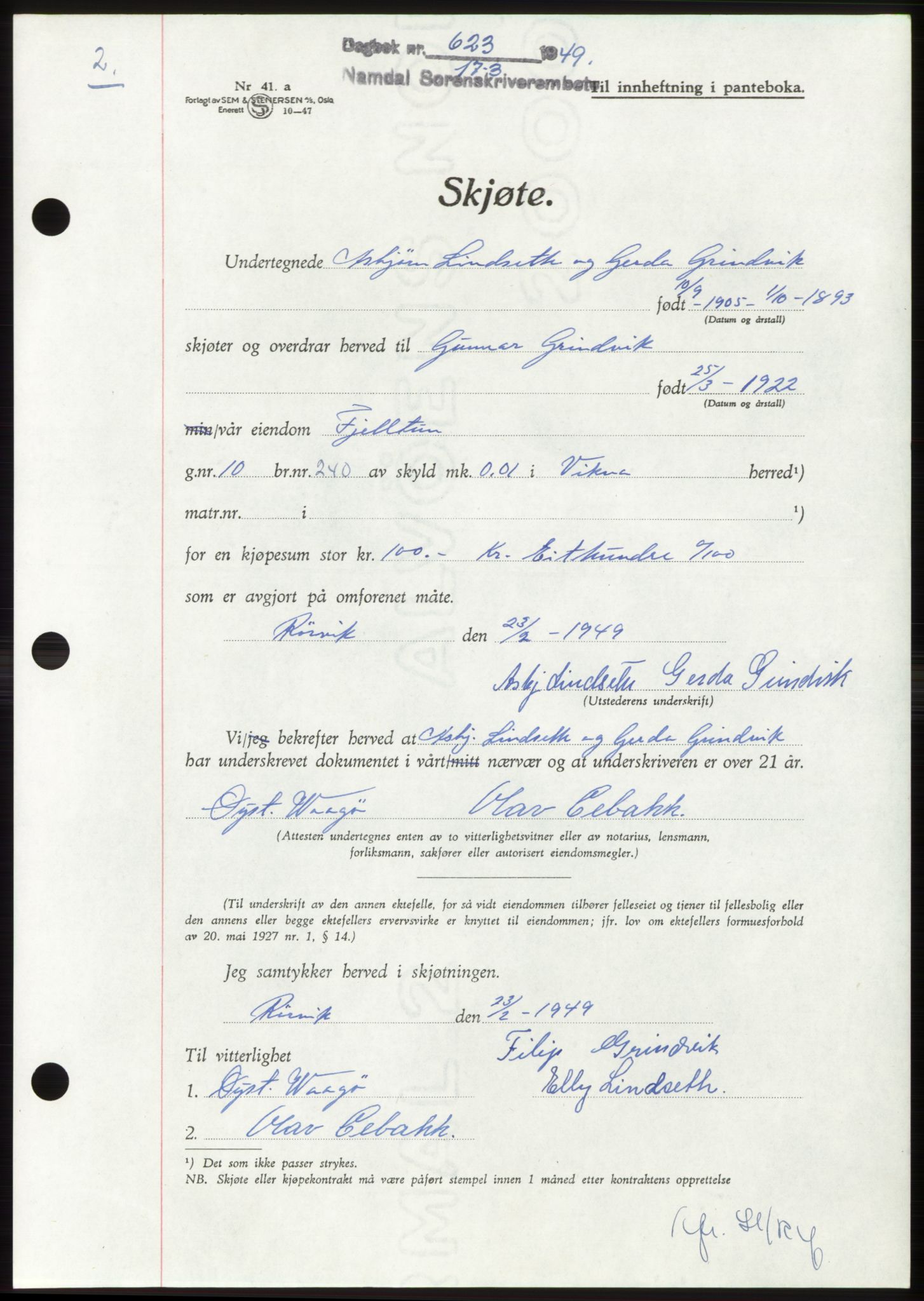 Namdal sorenskriveri, AV/SAT-A-4133/1/2/2C: Mortgage book no. -, 1949-1949, Diary no: : 623/1949