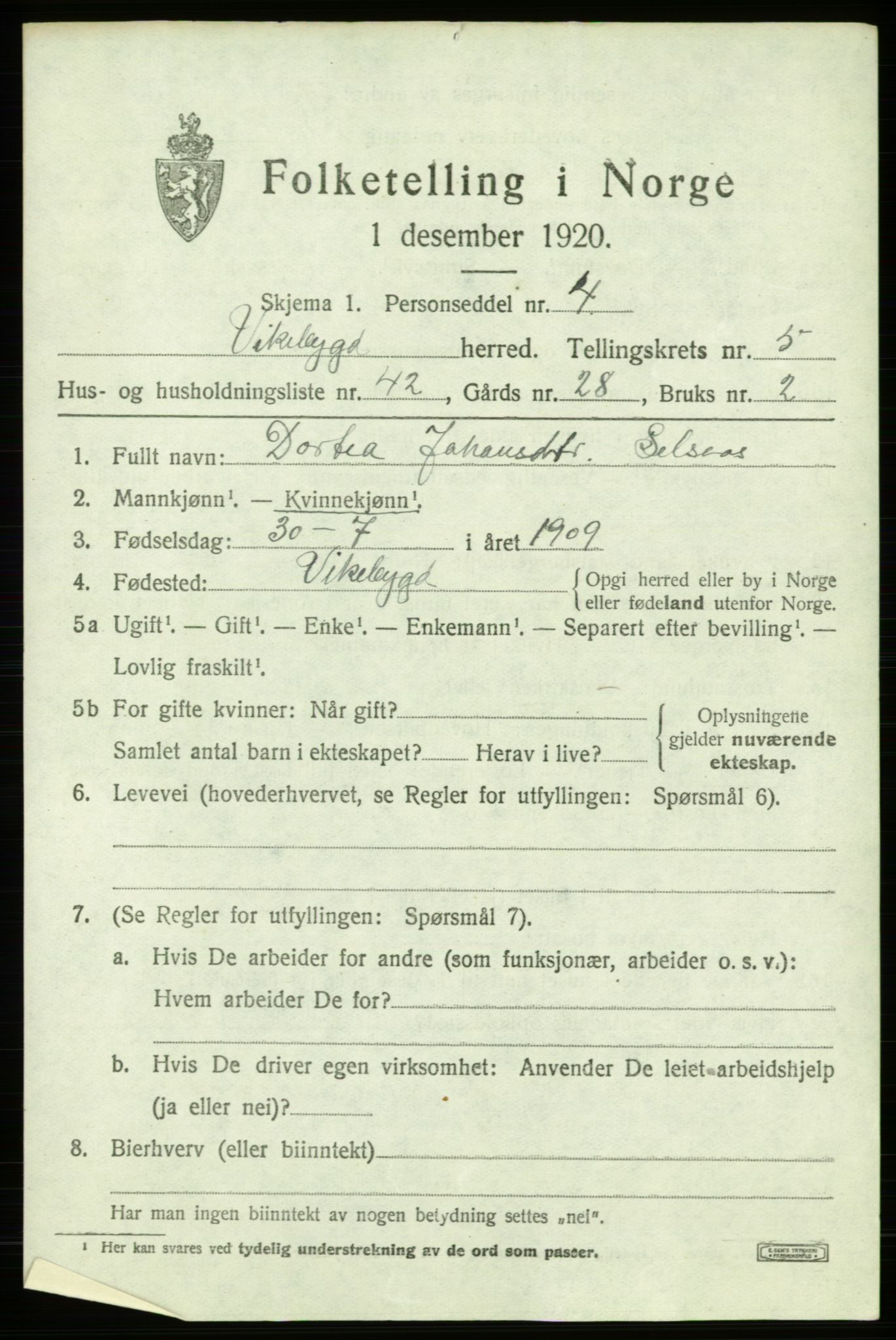 SAB, 1920 census for Vikebygd, 1920, p. 2167
