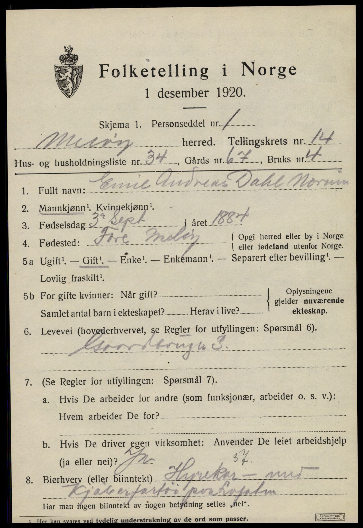 SAT, 1920 census for Meløy, 1920, p. 9517