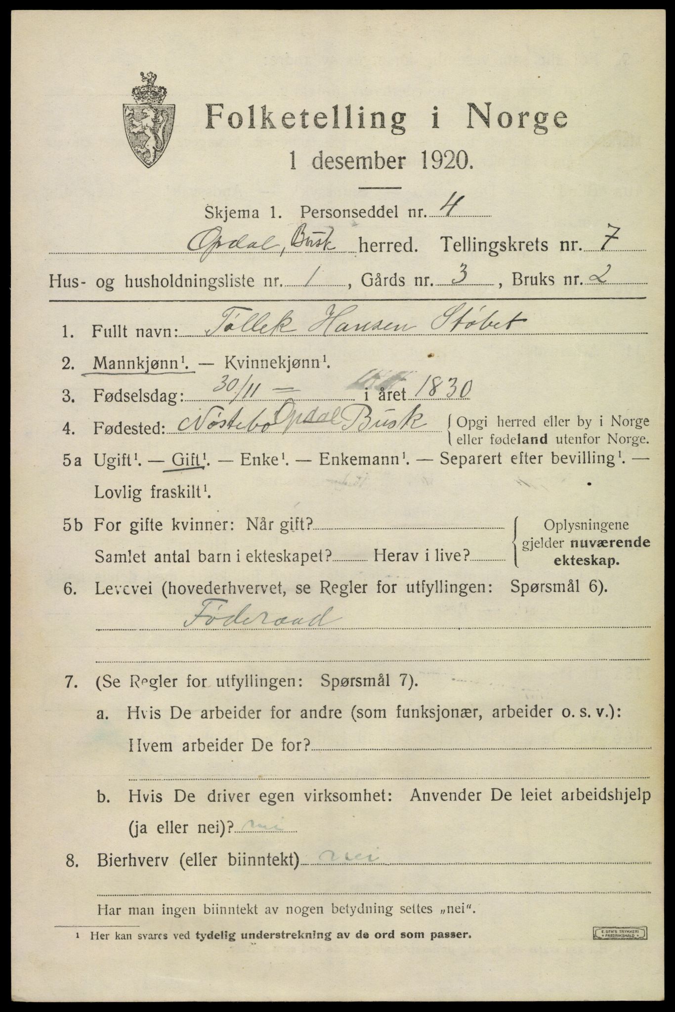 SAKO, 1920 census for Uvdal, 1920, p. 2745