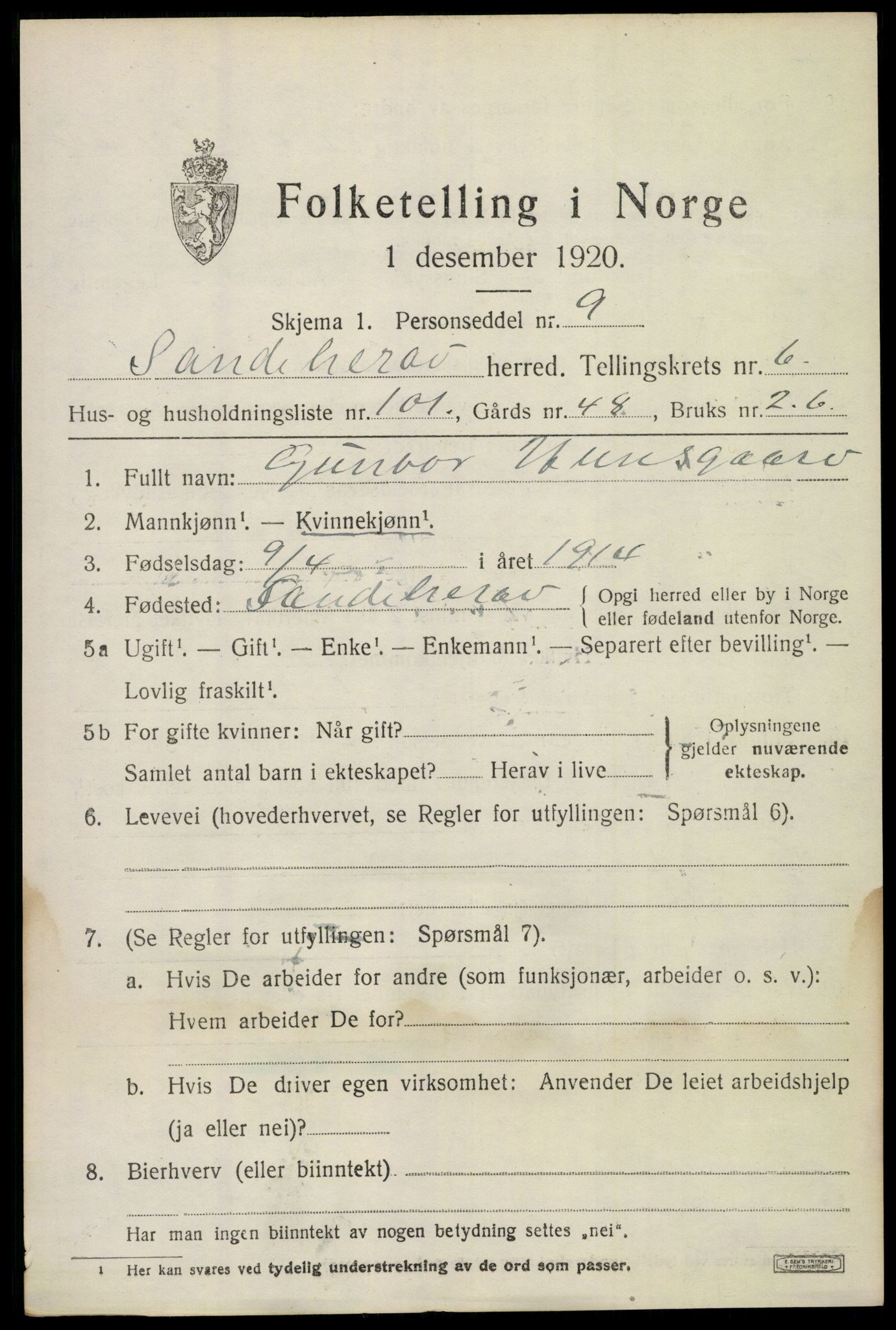 SAKO, 1920 census for Sandeherred, 1920, p. 10978