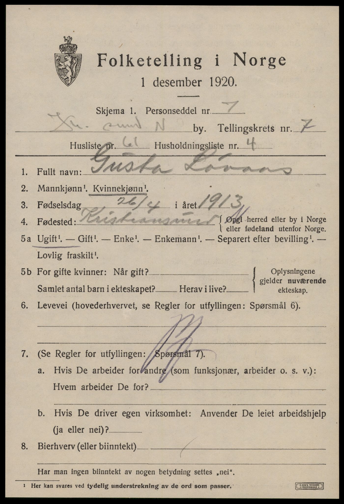 SAT, 1920 census for Kristiansund, 1920, p. 19825