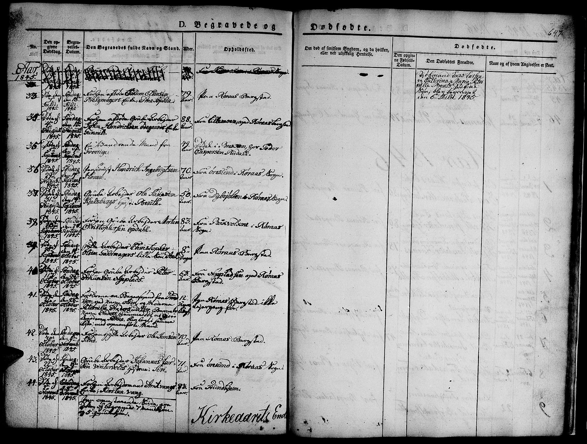 Ministerialprotokoller, klokkerbøker og fødselsregistre - Sør-Trøndelag, AV/SAT-A-1456/681/L0939: Parish register (copy) no. 681C03, 1829-1855, p. 647