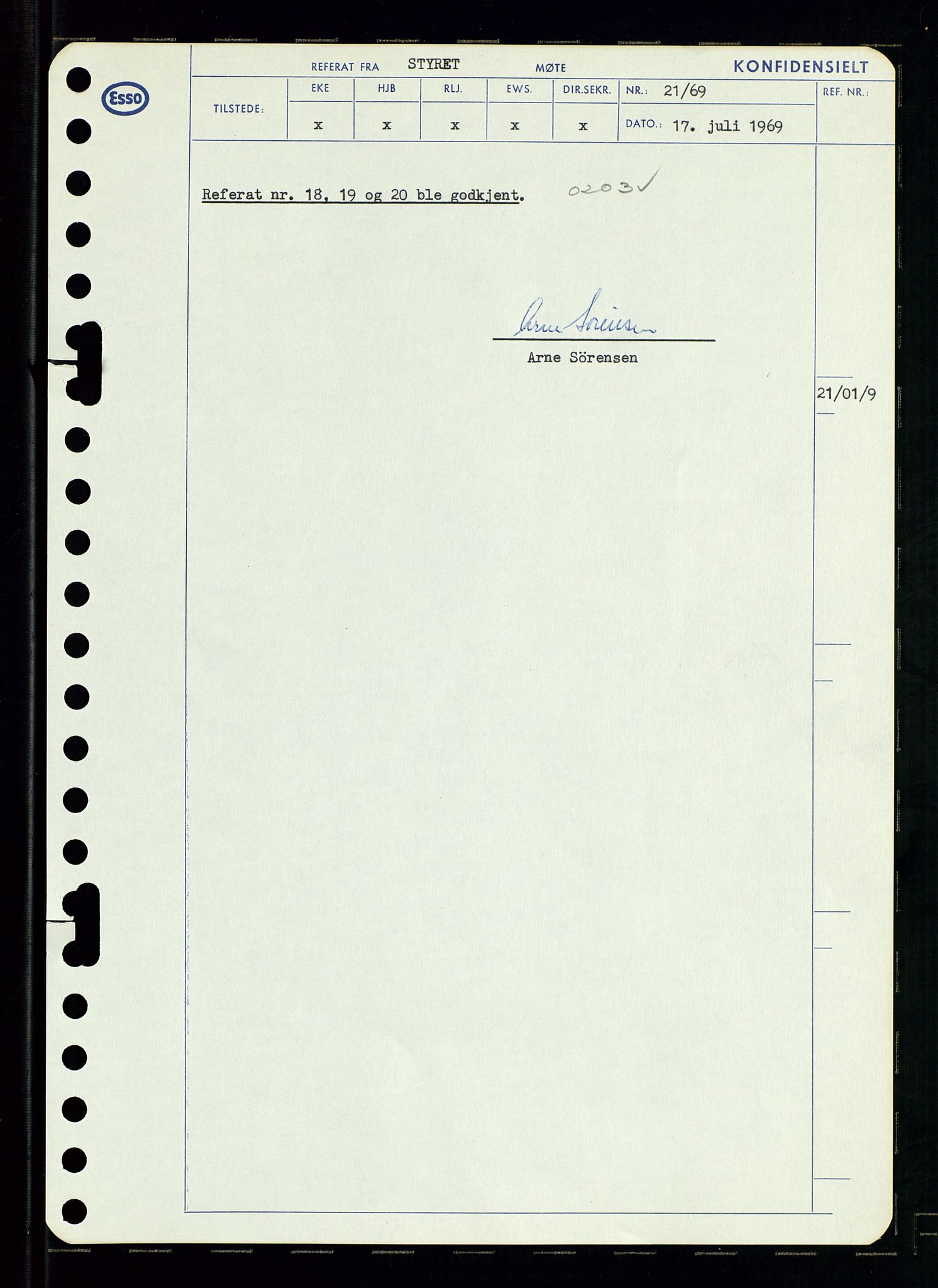 Pa 0982 - Esso Norge A/S, AV/SAST-A-100448/A/Aa/L0003/0001: Den administrerende direksjon Board minutes (styrereferater) og Bedriftforsamlingsprotokoll / Den administrerende direksjon Board minutes (styrereferater), 1969, p. 23