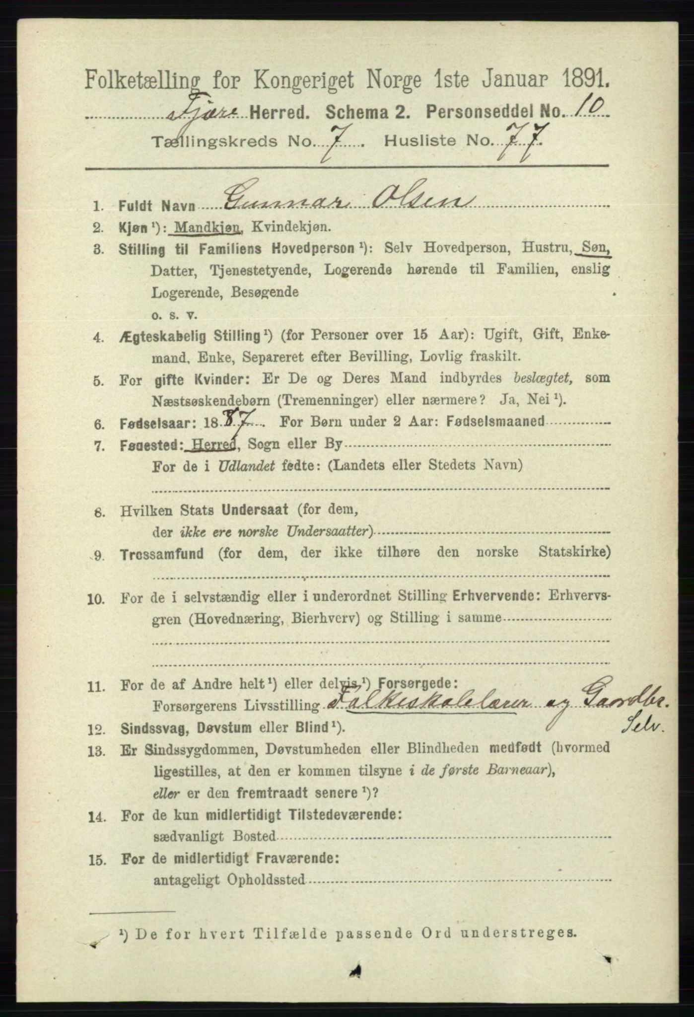 RA, 1891 census for 0923 Fjære, 1891, p. 3673