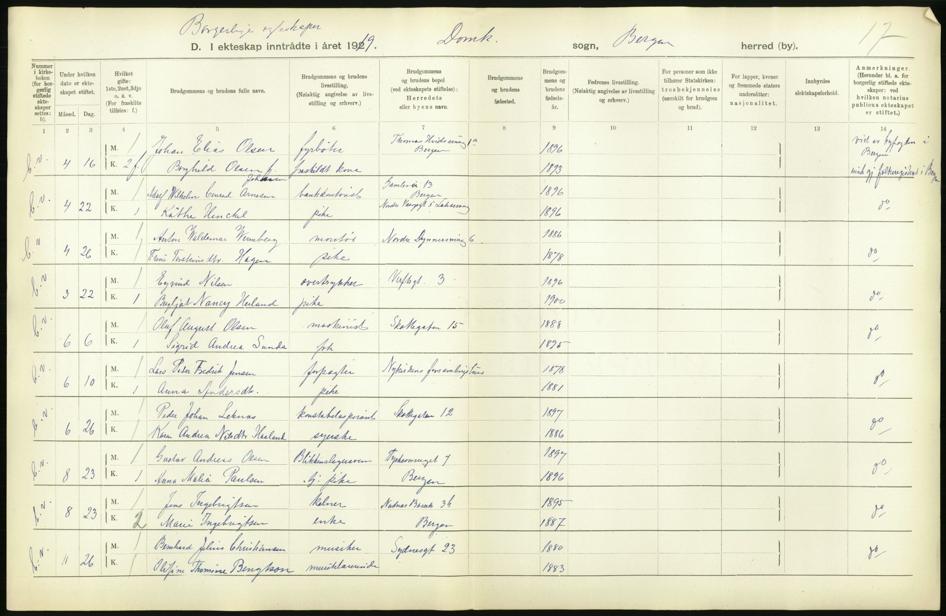 Statistisk sentralbyrå, Sosiodemografiske emner, Befolkning, AV/RA-S-2228/D/Df/Dfb/Dfbi/L0035: Bergen: Gifte, døde, dødfødte., 1919, p. 276