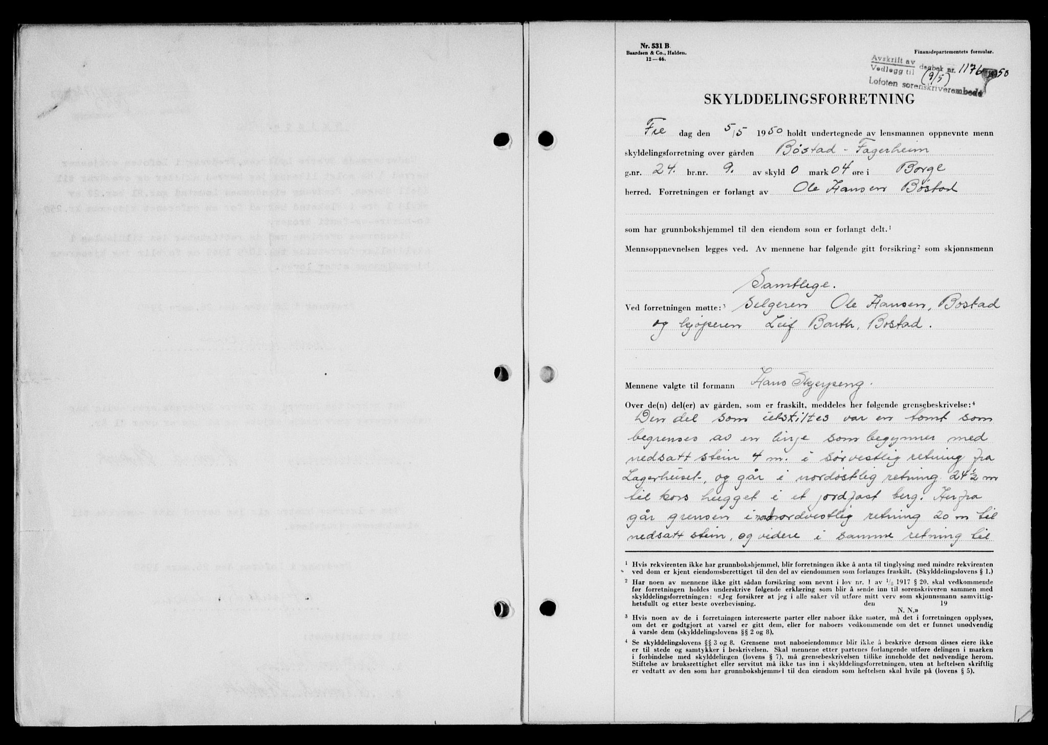 Lofoten sorenskriveri, SAT/A-0017/1/2/2C/L0023a: Mortgage book no. 23a, 1950-1950, Diary no: : 1176/1950