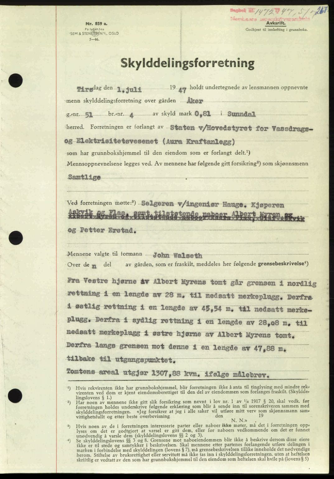 Nordmøre sorenskriveri, AV/SAT-A-4132/1/2/2Ca: Mortgage book no. A105, 1947-1947, Diary no: : 1472/1947