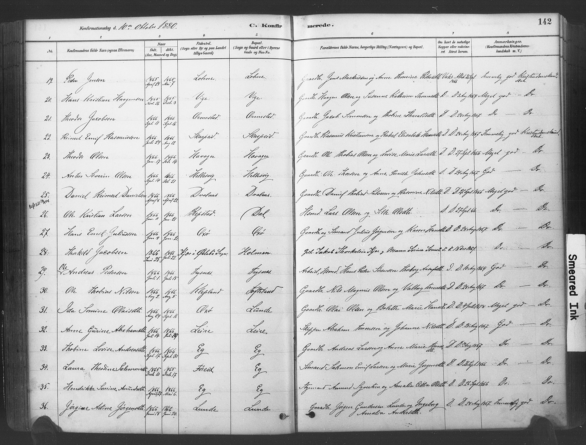 Søgne sokneprestkontor, SAK/1111-0037/F/Fa/Fab/L0012: Parish register (official) no. A 12, 1880-1891, p. 142