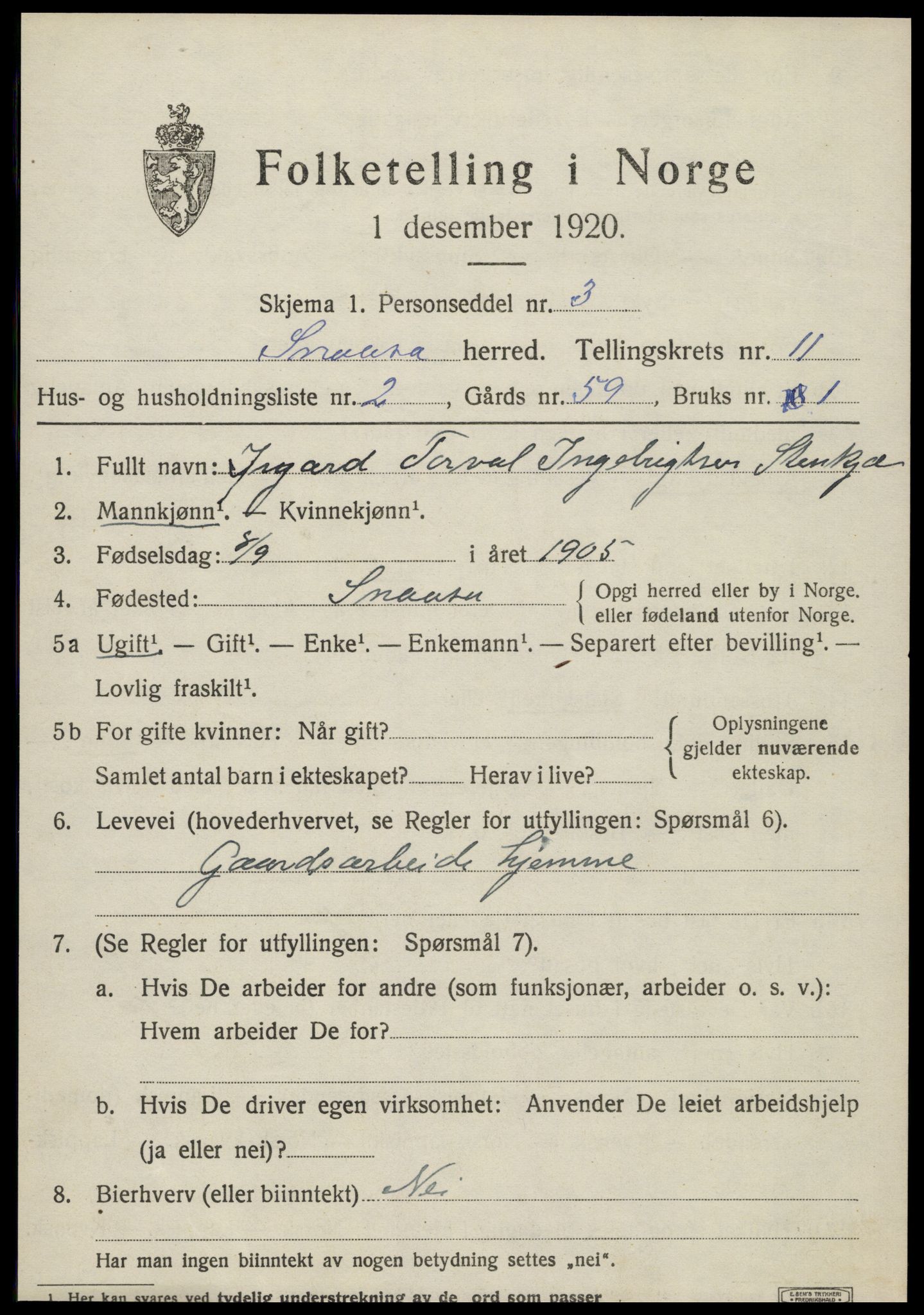 SAT, 1920 census for Snåsa, 1920, p. 5010