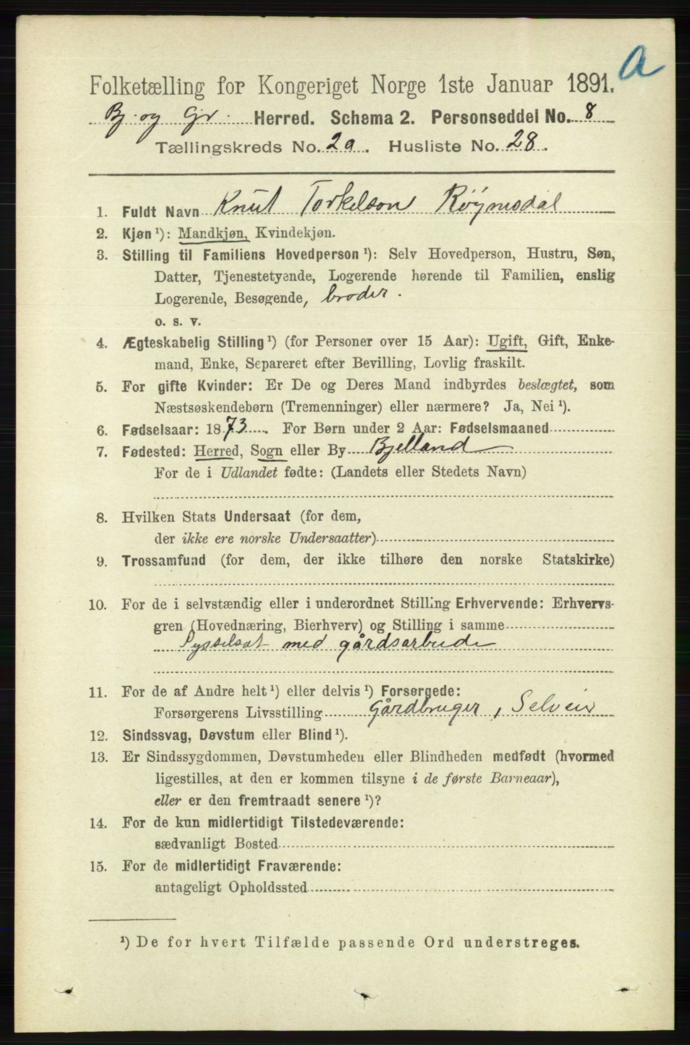 RA, 1891 census for 1024 Bjelland og Grindheim, 1891, p. 1289