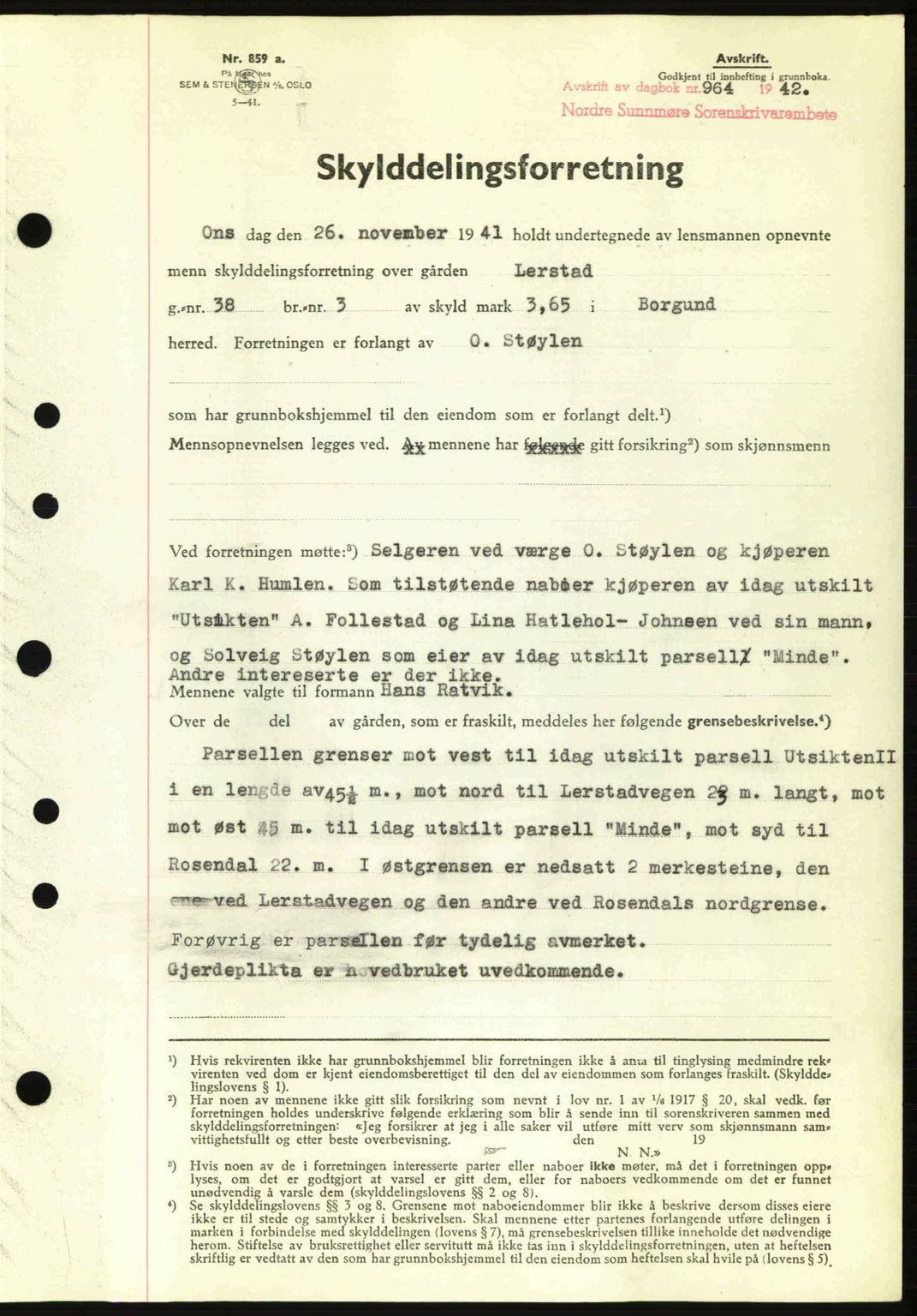 Nordre Sunnmøre sorenskriveri, AV/SAT-A-0006/1/2/2C/2Ca: Mortgage book no. A13, 1942-1942, Diary no: : 964/1942