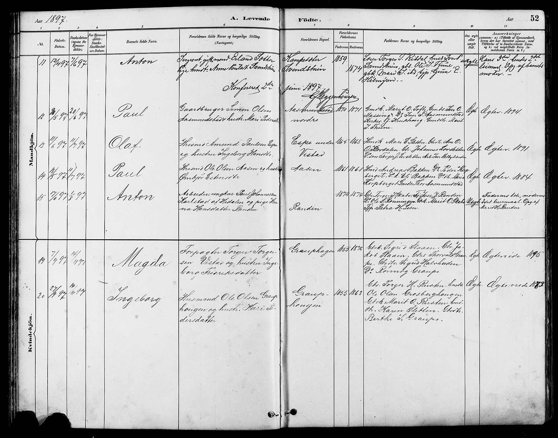 Nord-Fron prestekontor, SAH/PREST-080/H/Ha/Hab/L0005: Parish register (copy) no. 5, 1884-1914, p. 52